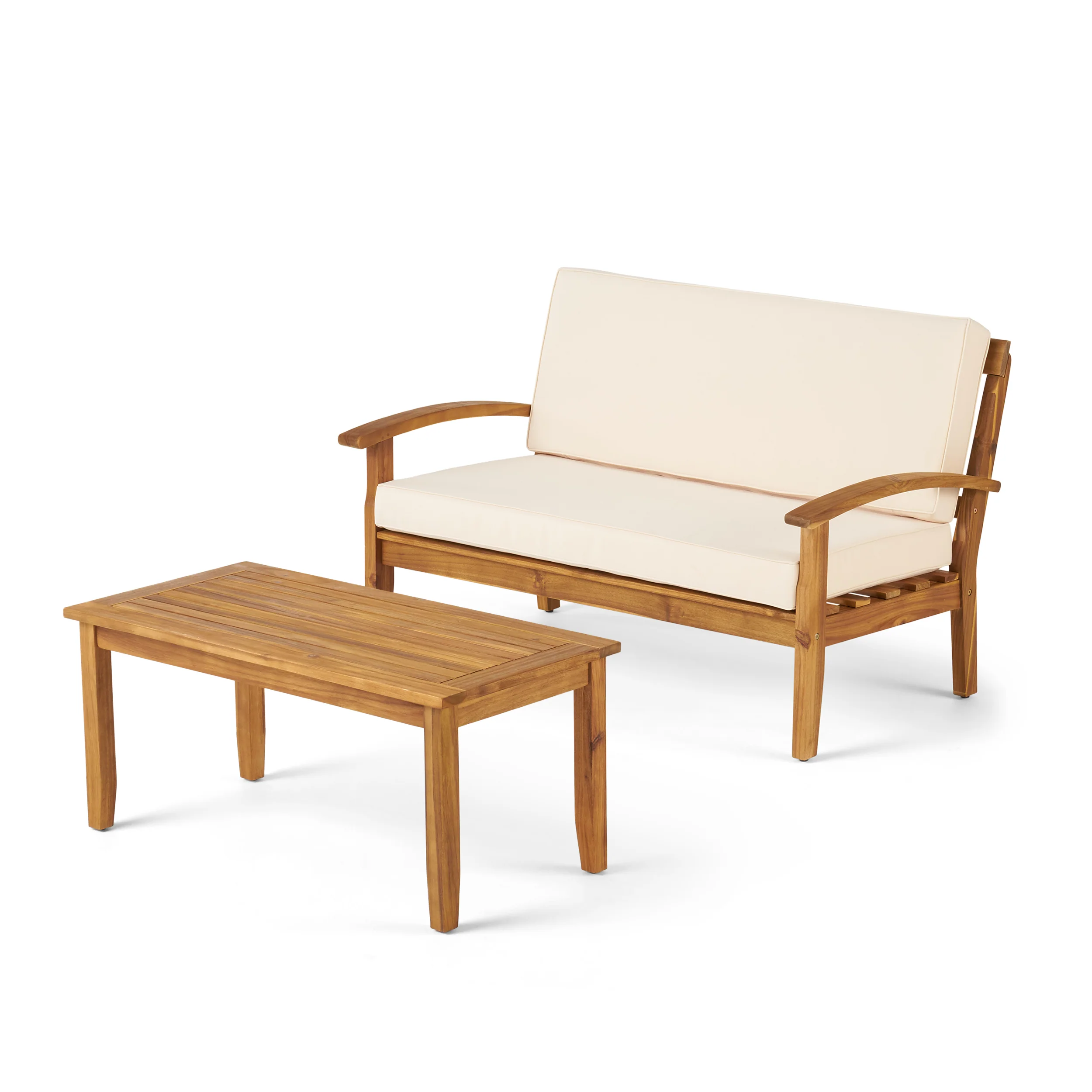 Keanu Outdoor Acacia Wood Loveseat and Coffee Table Set with Cushions - furnishings