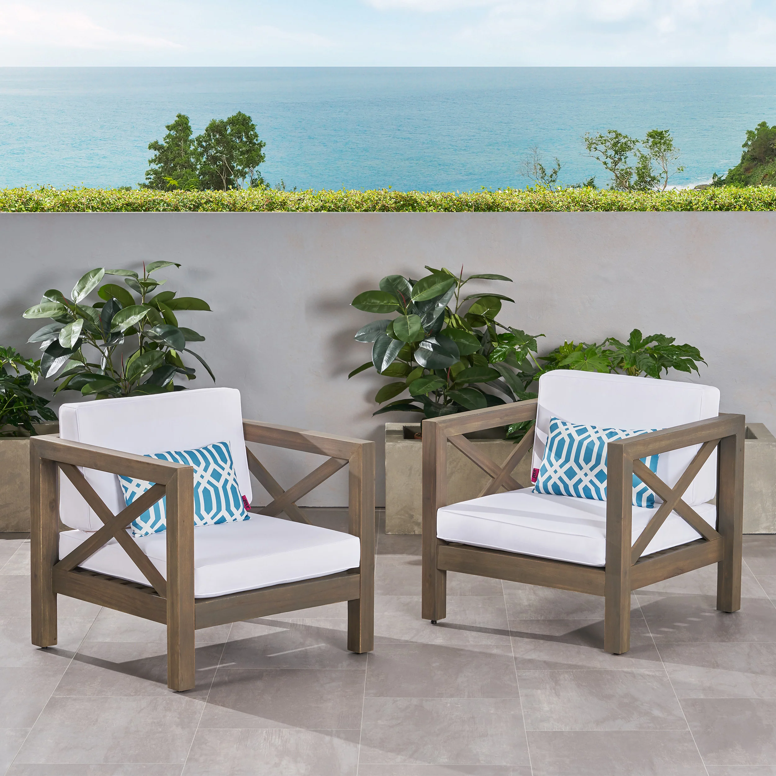 Indira Outdoor Acacia Wood Club Chairs with Cushions (Set of 2) - furnishings