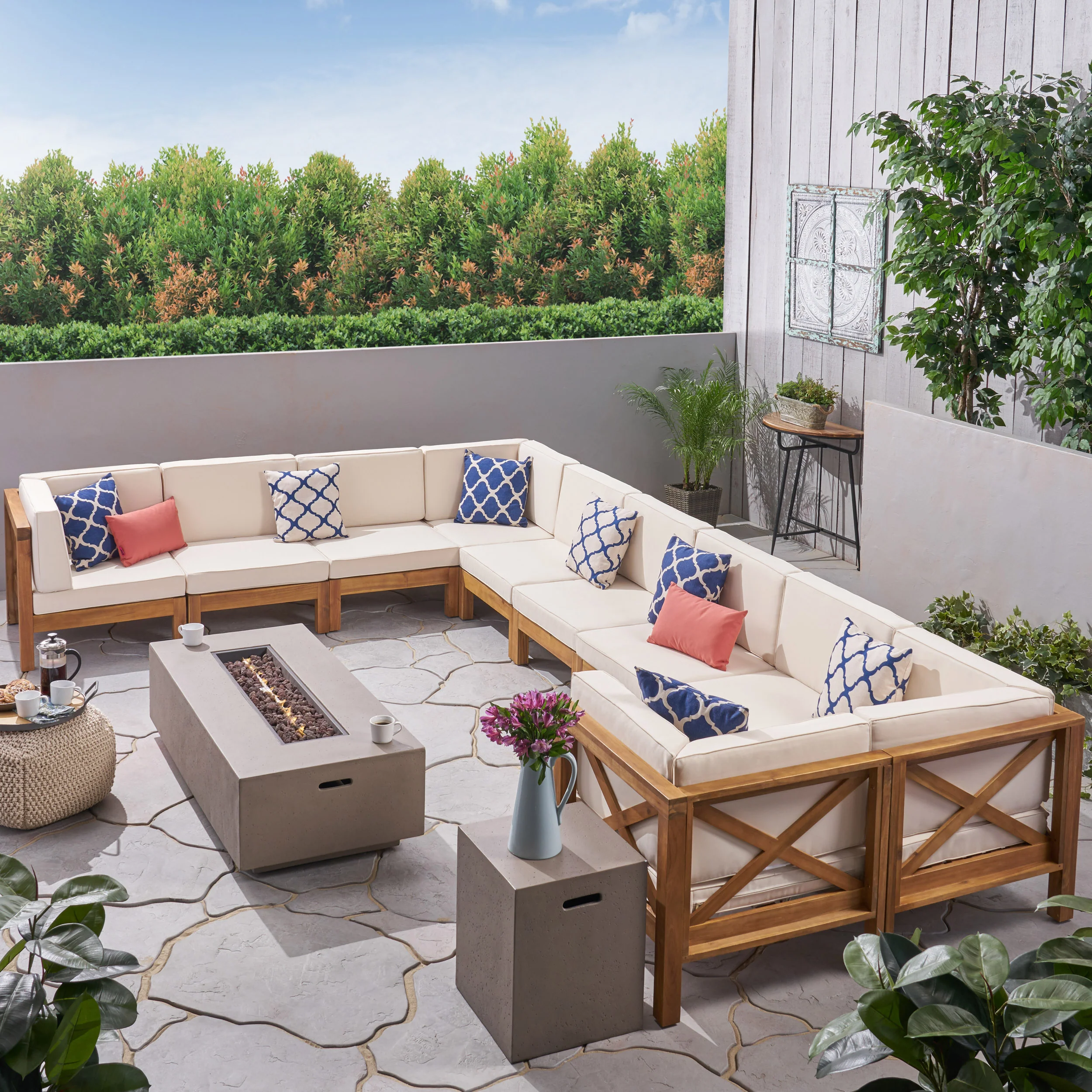 Cynthia Outdoor Acacia Wood 10 Seater U-Shaped Sectional Sofa Set with Fire Pit - furnishings