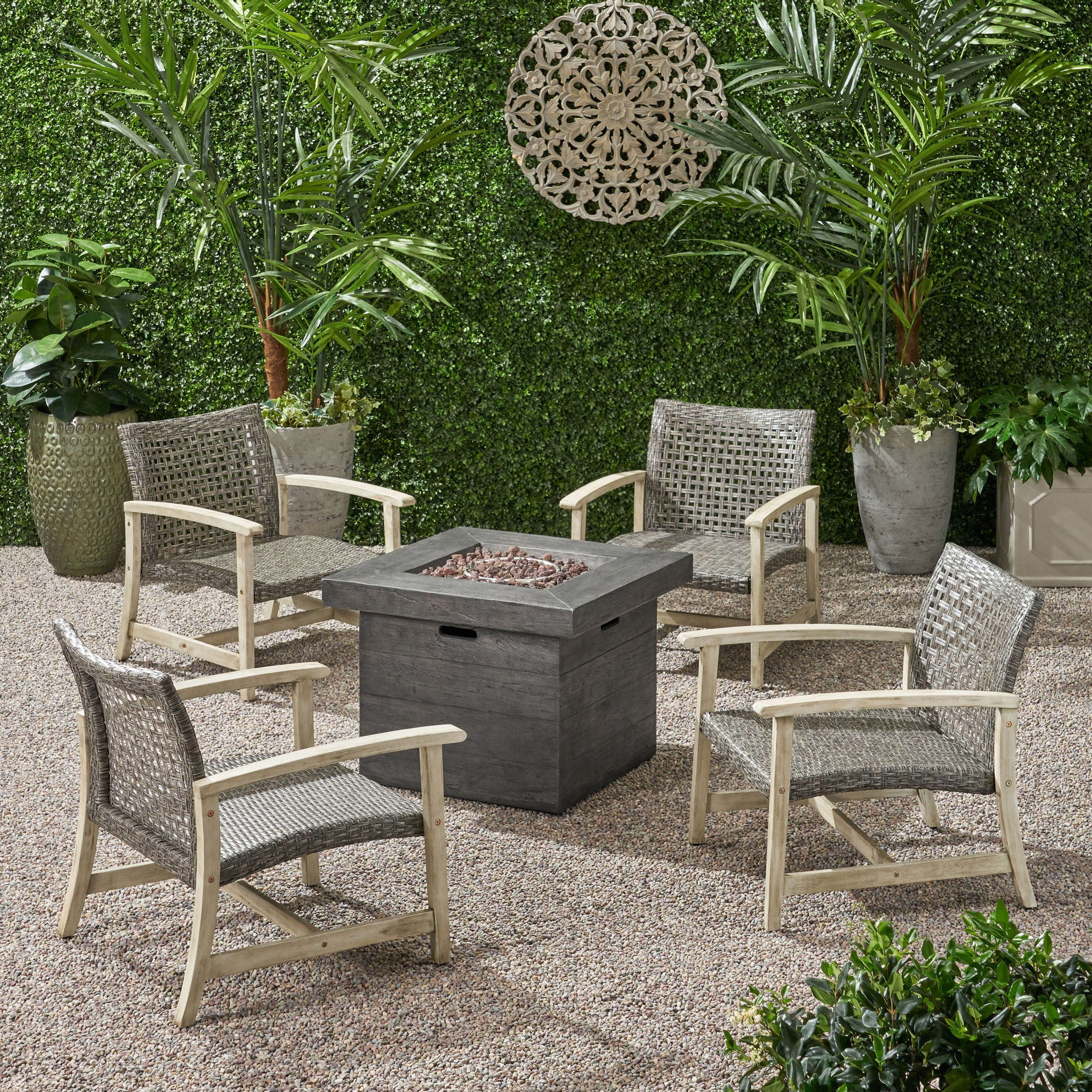 Eleanor Outdoor 5 Piece Wood and Wicker Club Chairs and Fire Pit Set - furnishings