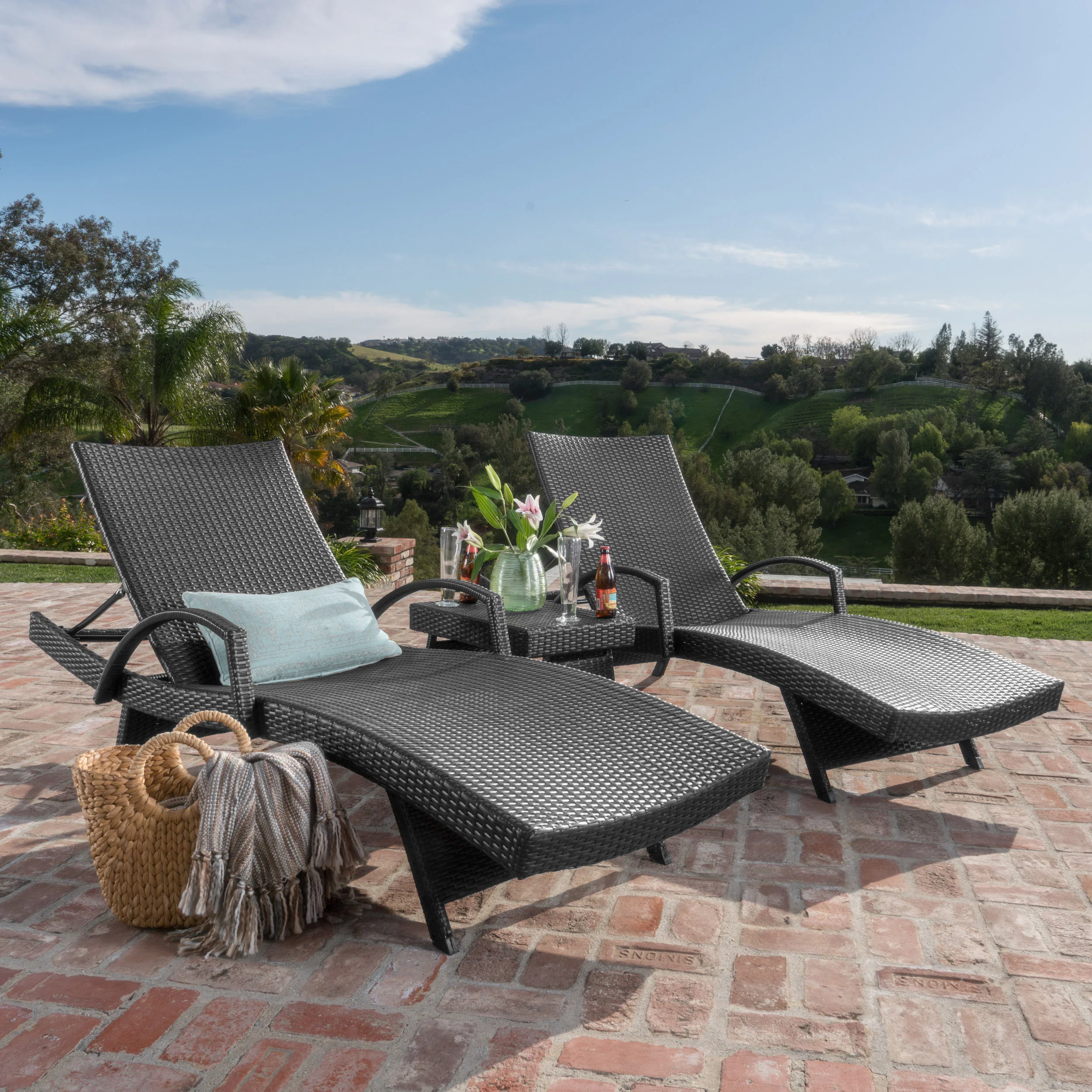 Soleil Outdoor Wicker Arm Chaise Lounges (Set of 2) w/ Side Table - furnishings