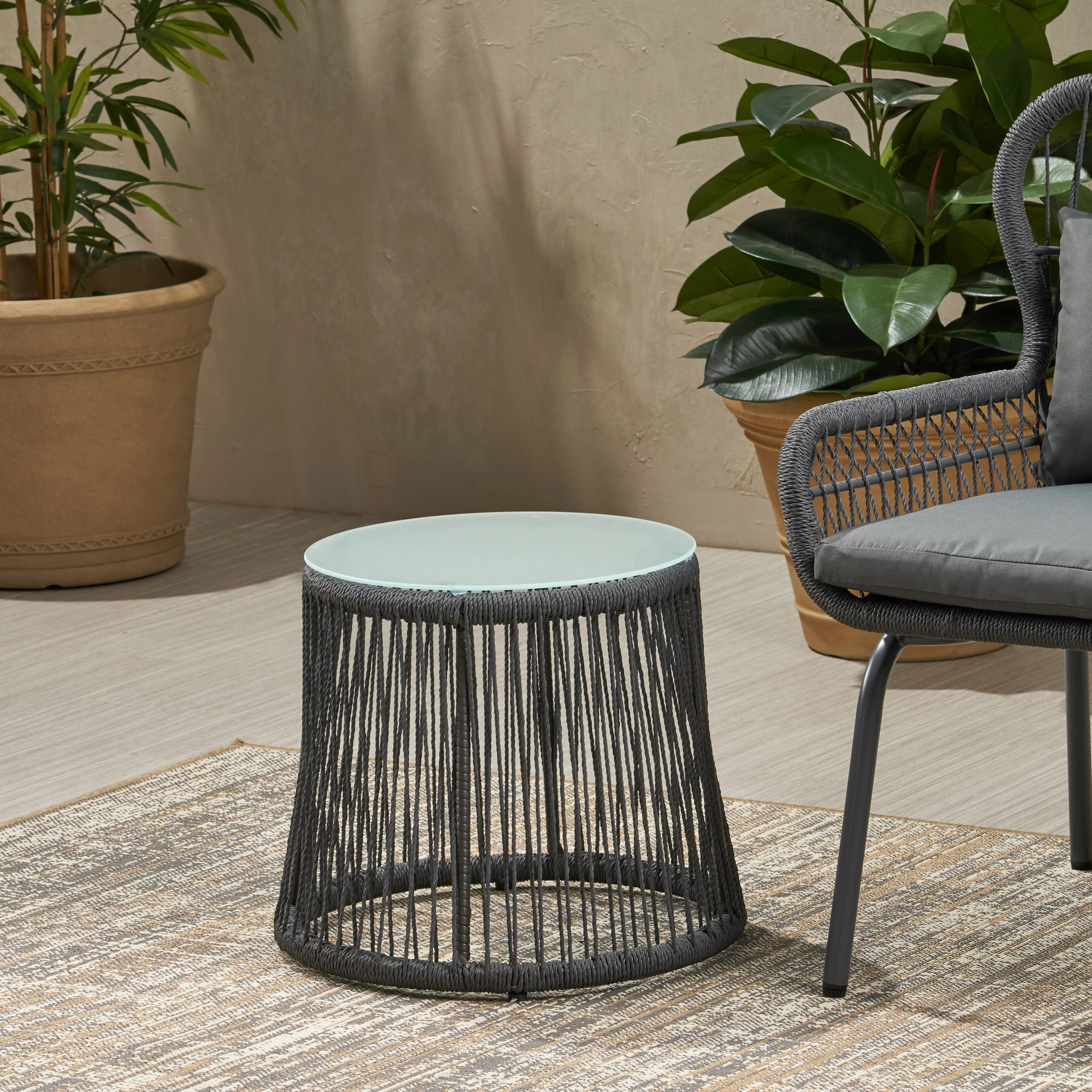 Karen Outdoor Side Table, Steel and Rope, Tempered Glass Table Top, Boho - furnishings