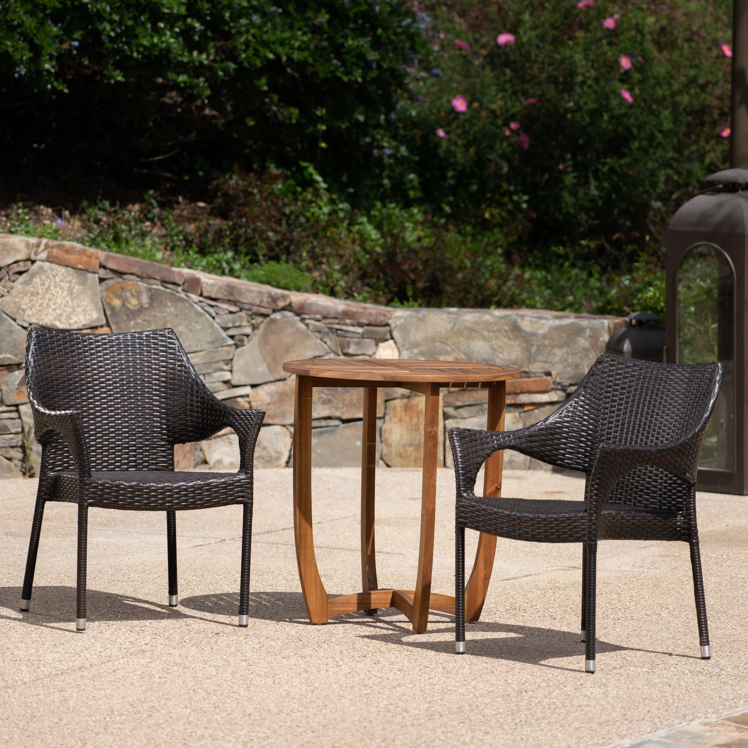 Ethan Outdoor 3 Piece  Acacia Wood/ Wicker Bistro Set, Teak Finish and Multibrown - furnishings