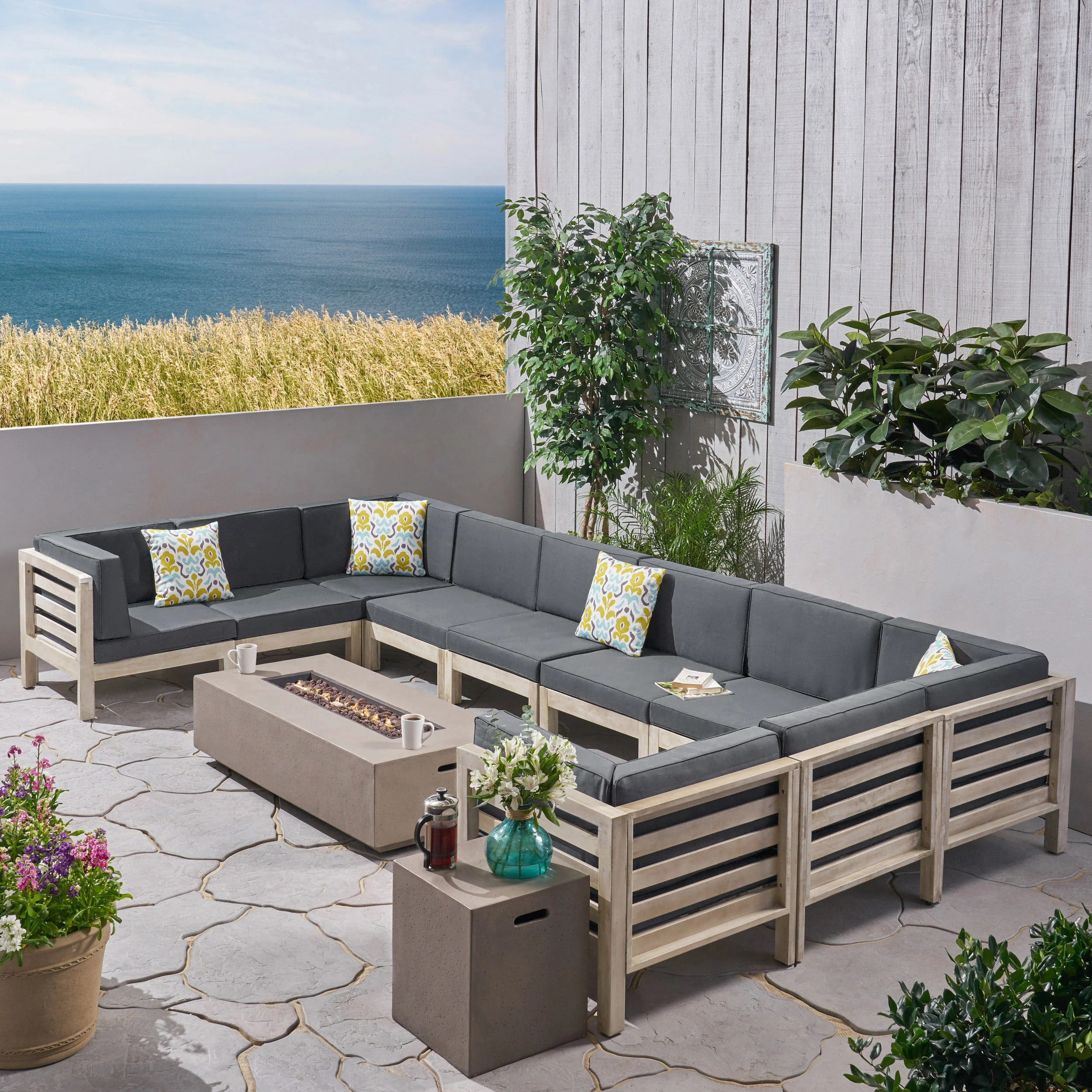 Ravello Outdoor 12 Piece U-Shaped Sectional Sofa Set with Fire Pit - furnishings