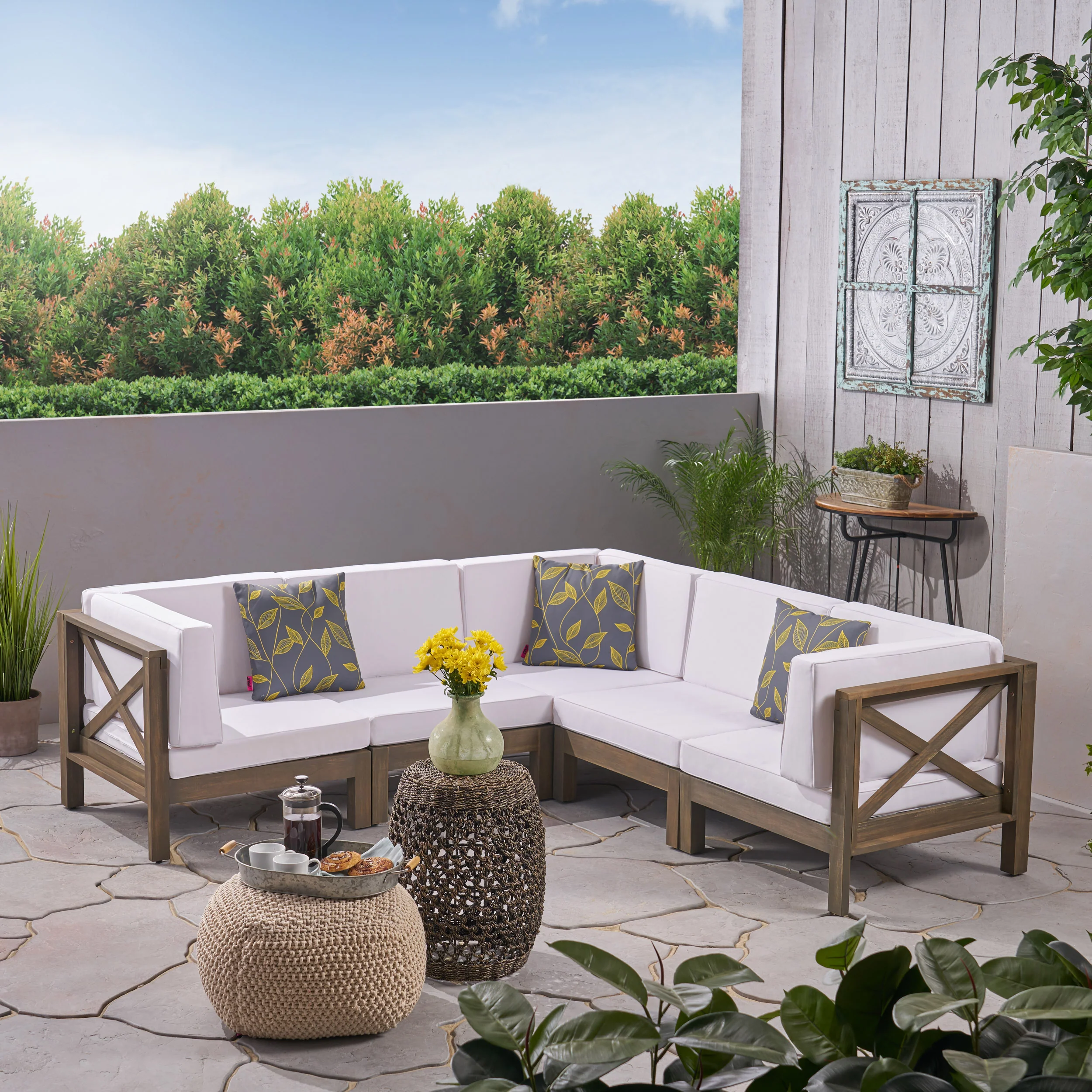 Keith Outdoor Acacia Wood 5 Seater Sectional Sofa Set with Water-Resistant Cushions - furnishings