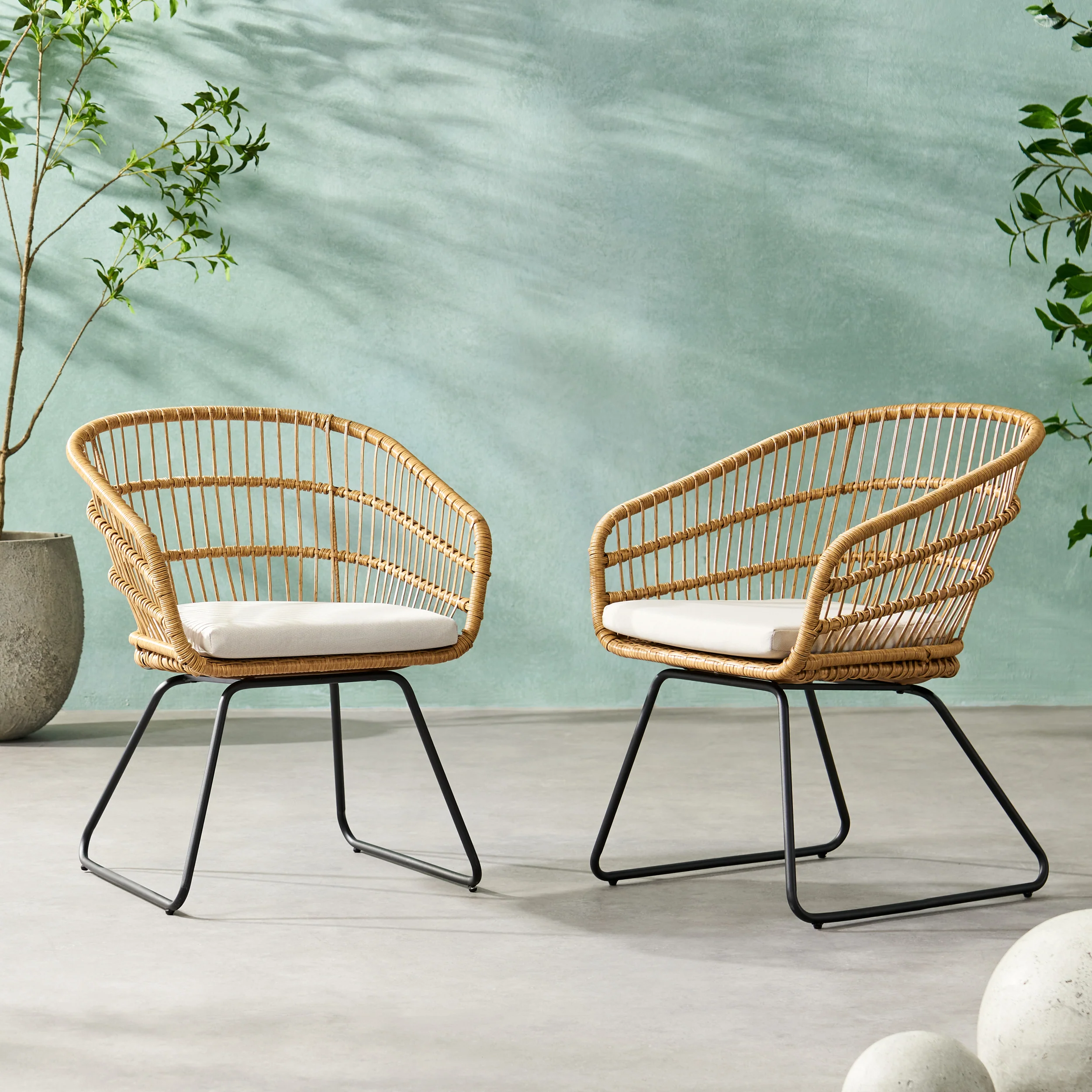 Edson Outdoor Wicker Dining Chairs with Cushion, Set of 2, Light Brown, Beige, and Black - furnishings