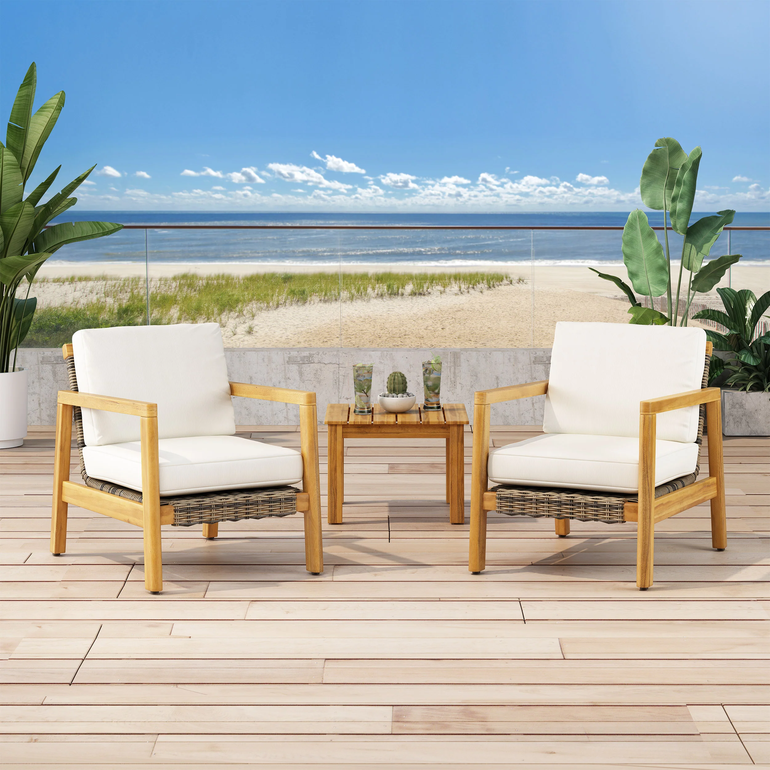 Kedan Outdoor Acacia Wood Club Chairs with Wicker Accents (Set of 2) - furnishings