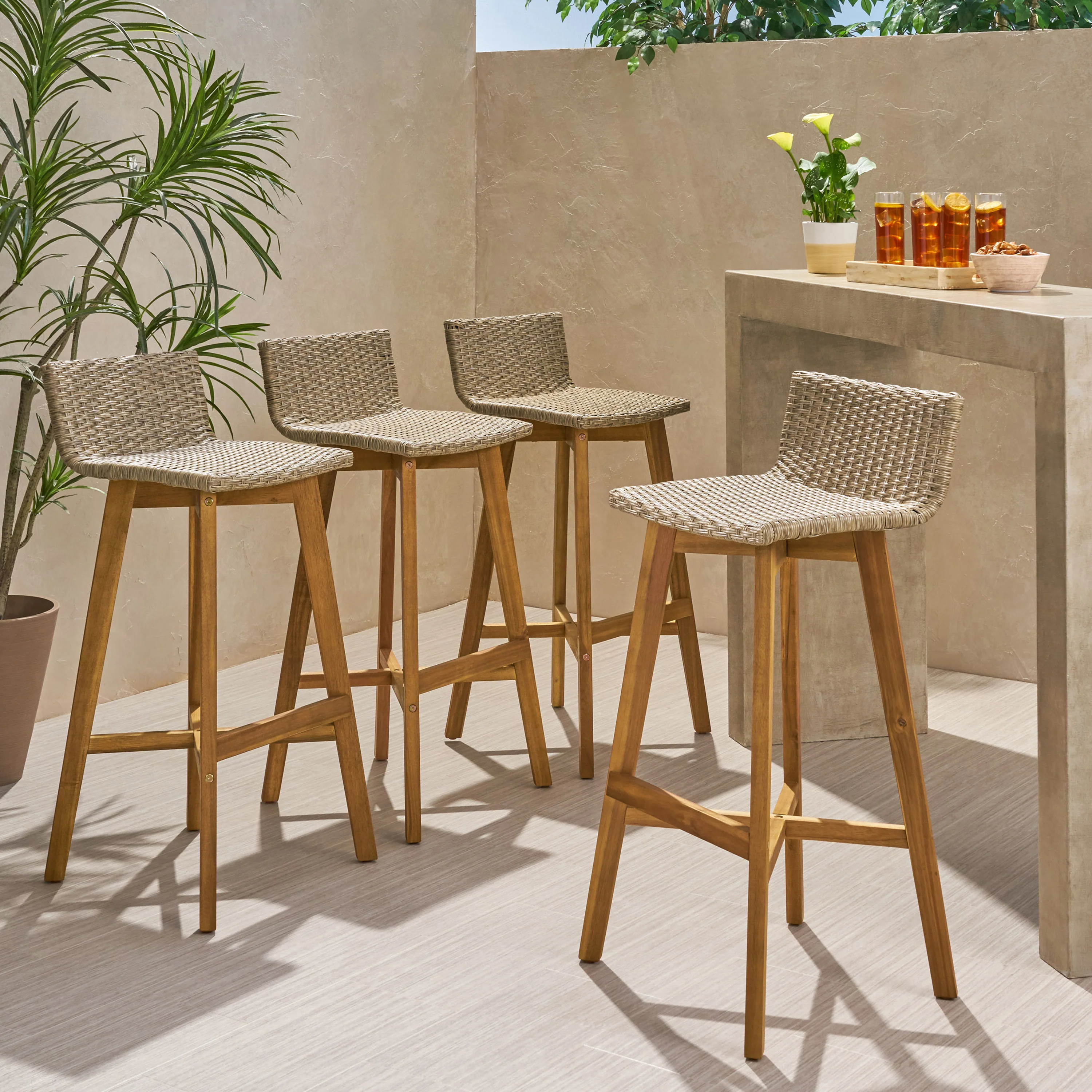 Jessie Outdoor Wood & Wicker Barstools (Set of 4) - furnishings