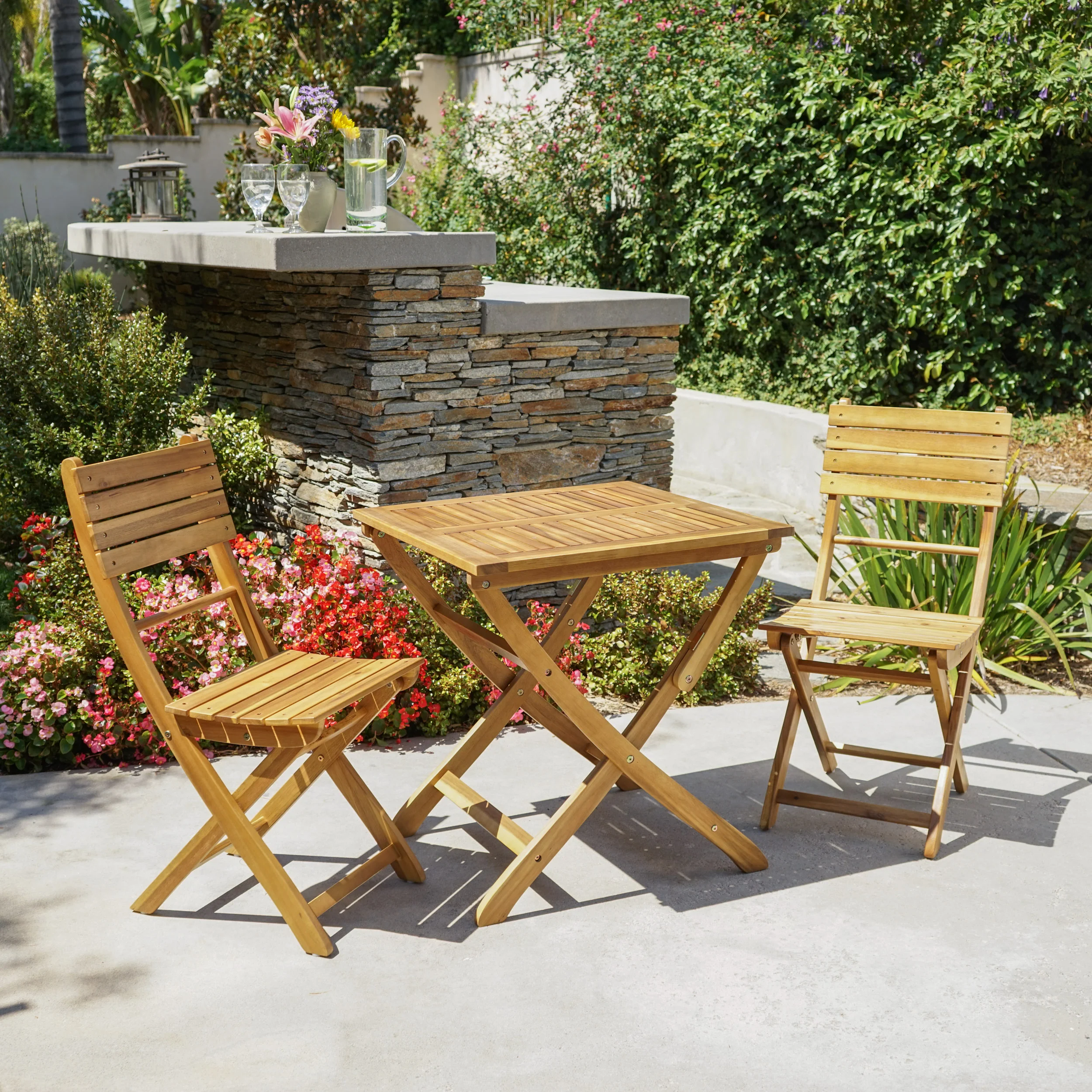 Versaille Outdoor 3 Piece Foldable Grey Finished Acacia Wood Bistro Set - furnishings