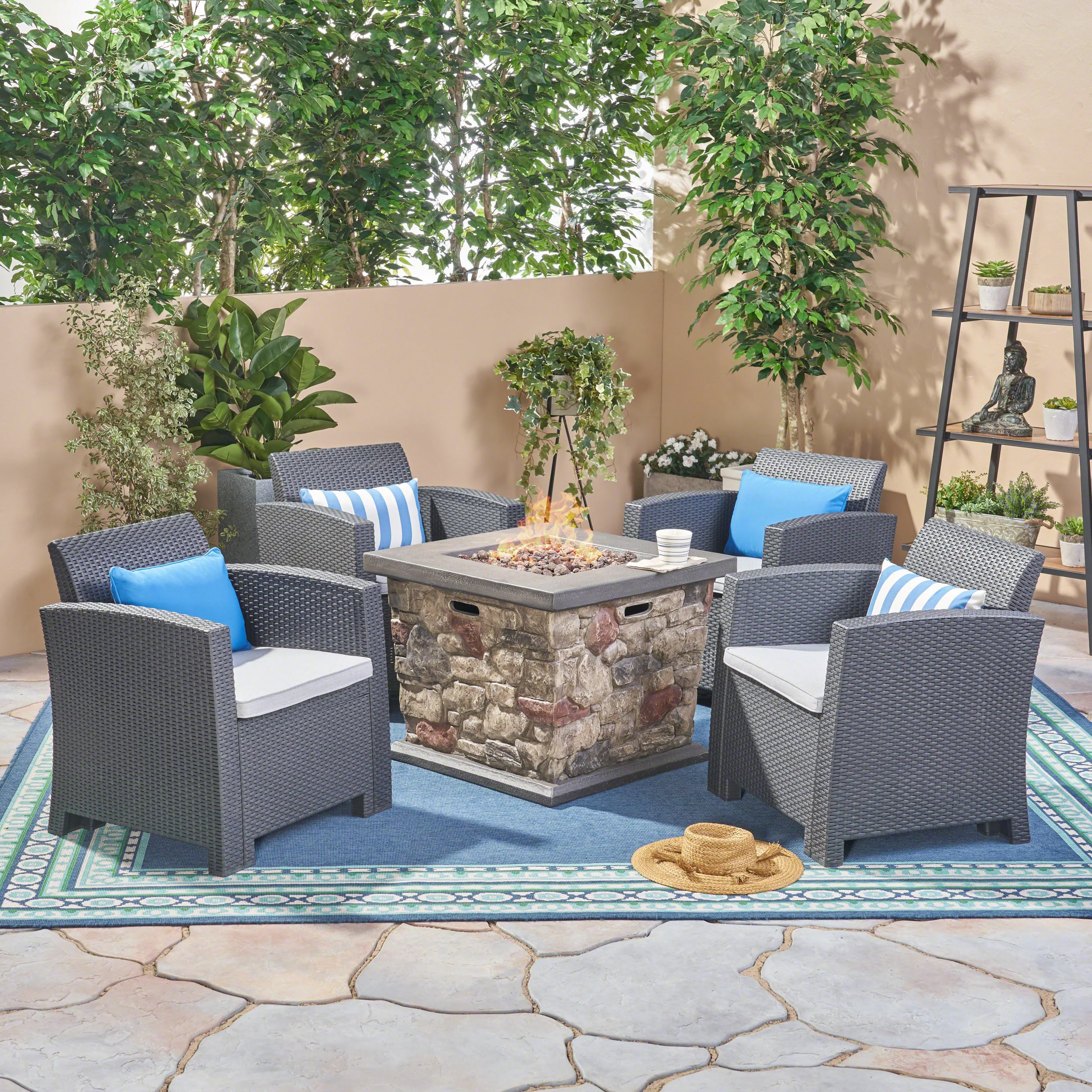 Maggie Outdoor 4-Seater Wicker Print Club Chair Chat Set With Fire Pit - furnishings