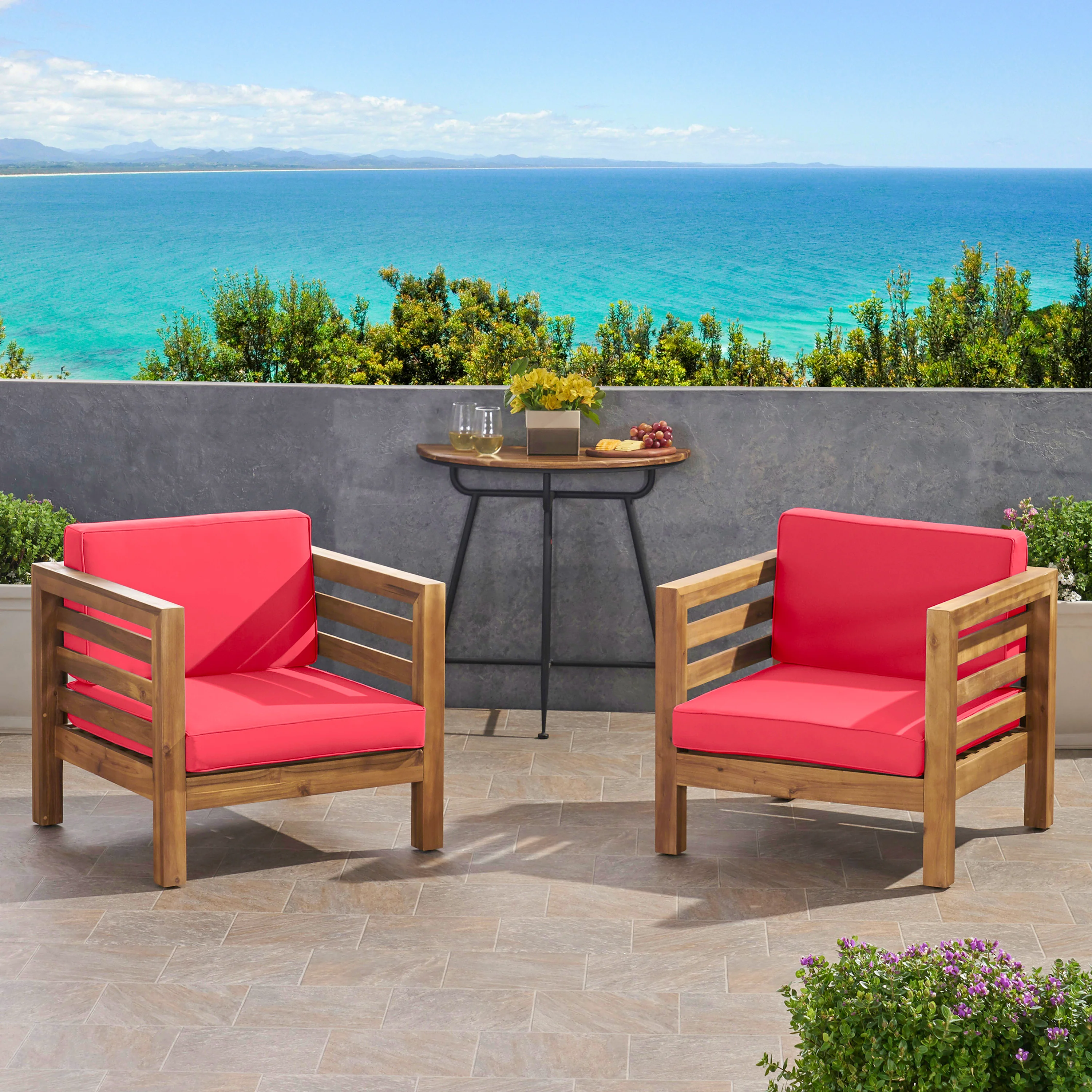 Louise Outdoor Acacia Wood Club Chairs with Cushions (Set of 2) - furnishings
