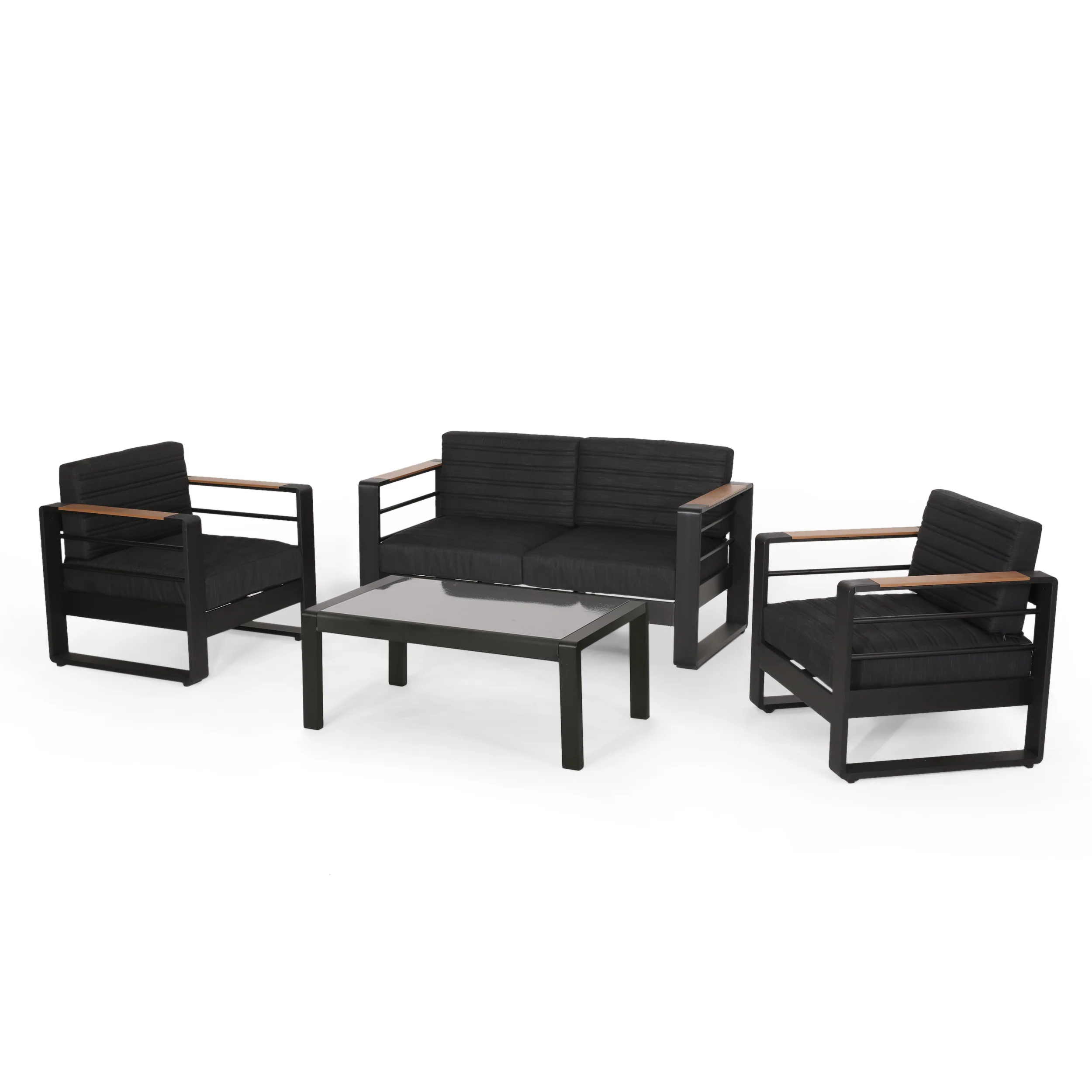 Neffs Outdoor Aluminum 4 Seater Chat Set, Black, Natural, and Gray - furnishings