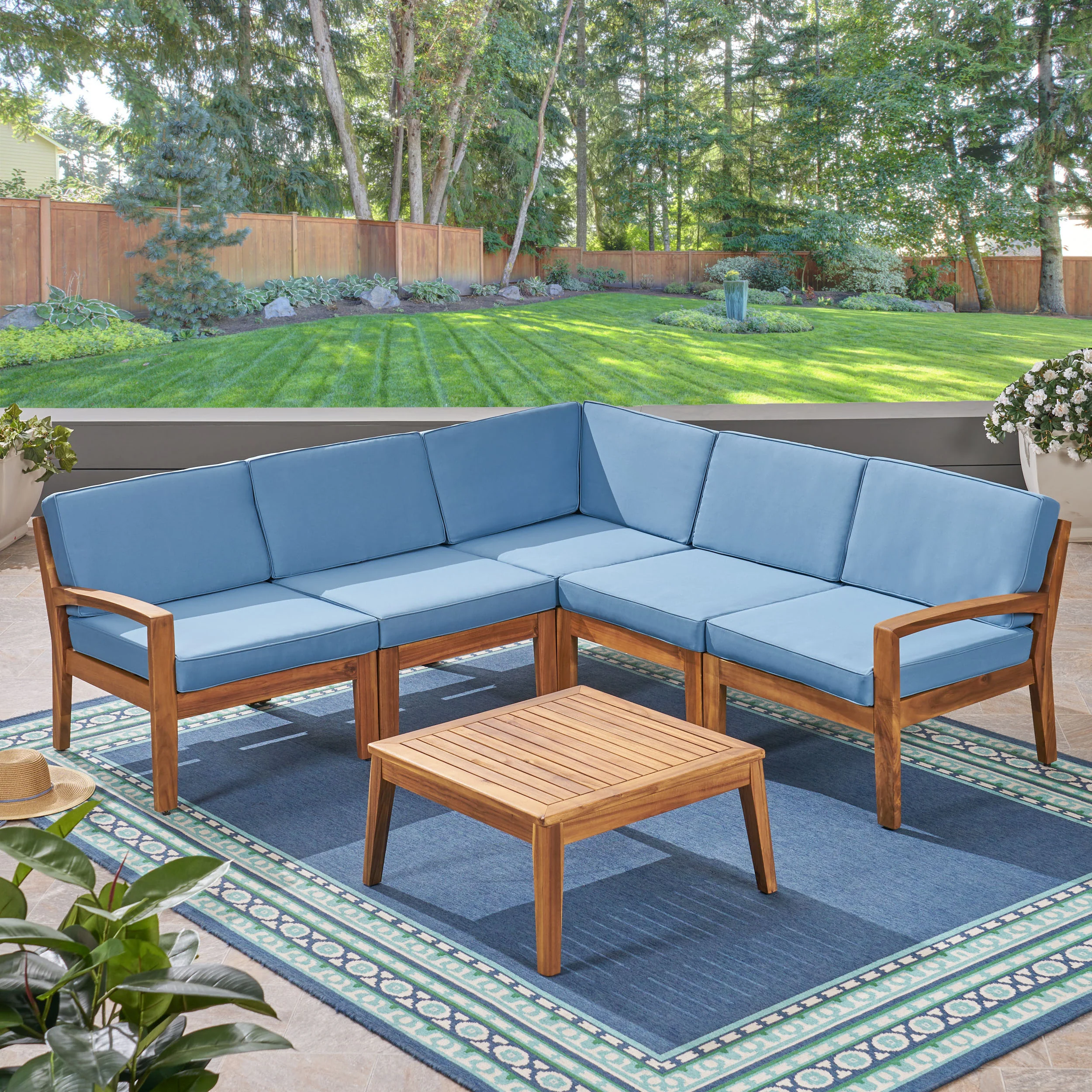 Roy Outdoor Acacia Wood 5 Seater Sectional Sofa Set with Coffee Table - furnishings