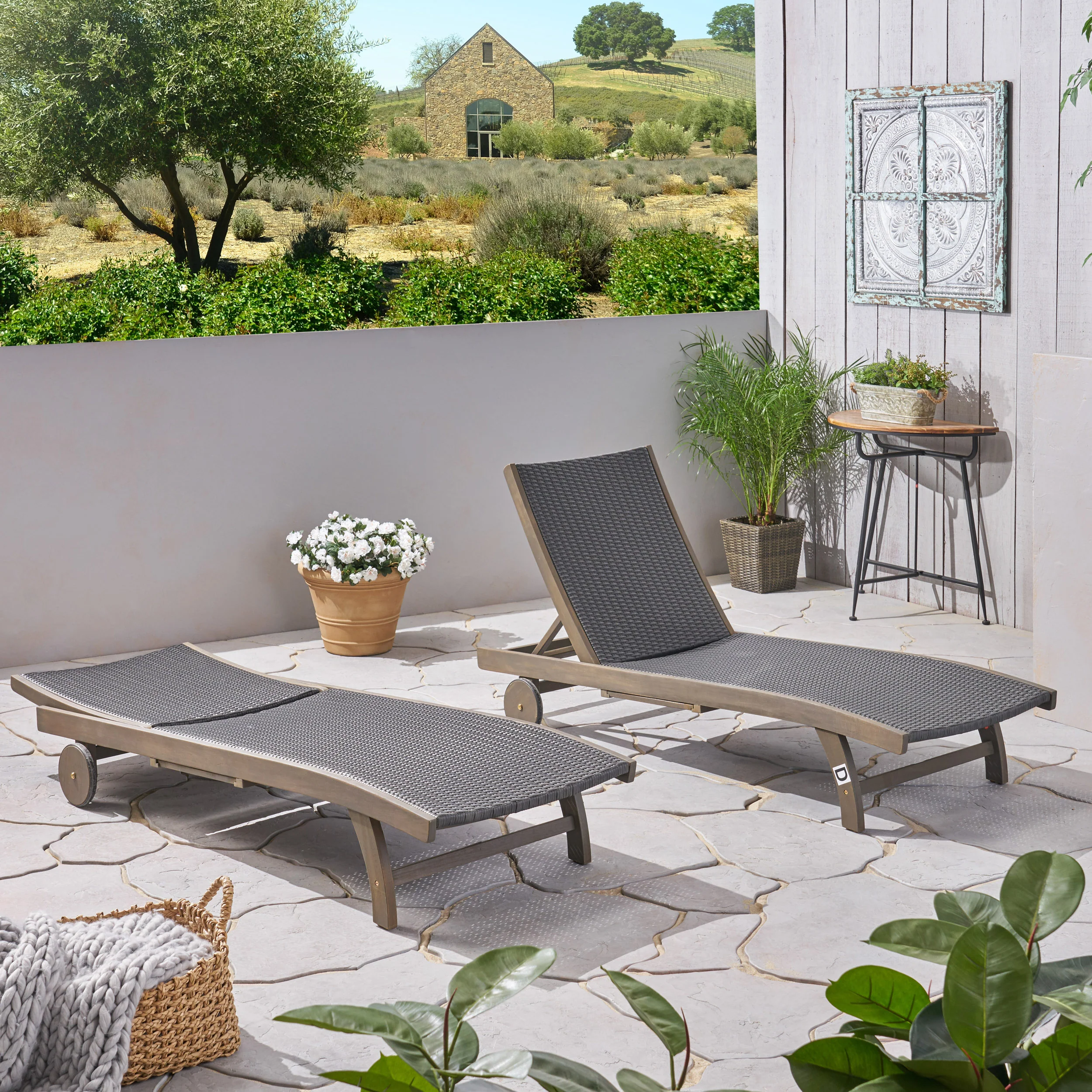 Yedda Outdoor Wicker and Wood Chaise Lounge with Pull-Out Tray - furnishings