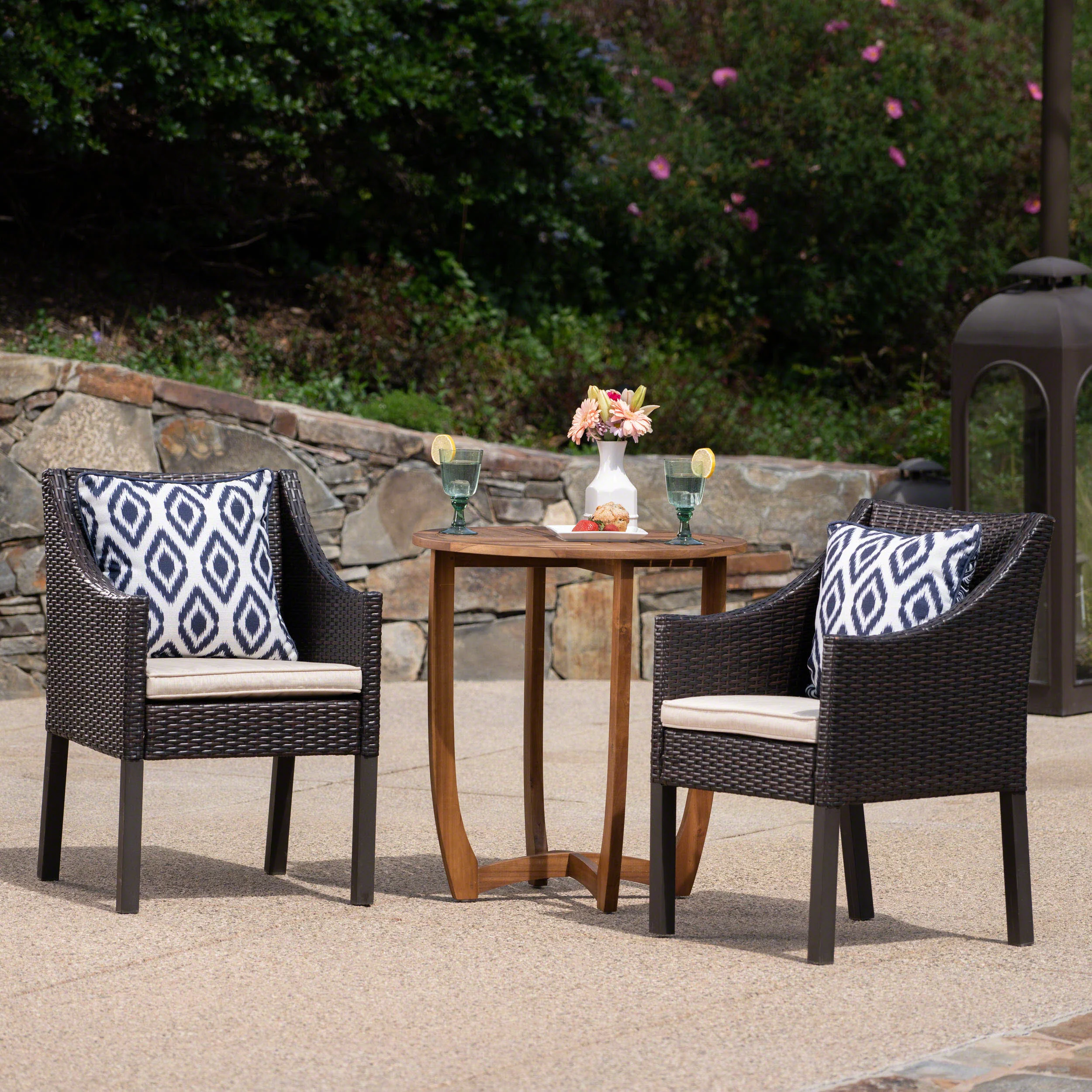 Bossier Outdoor 3 Piece Acacia Wood/ Wicker Bistro Set with Cushions, Teak Finish and Multibrown with Beige - furnishings