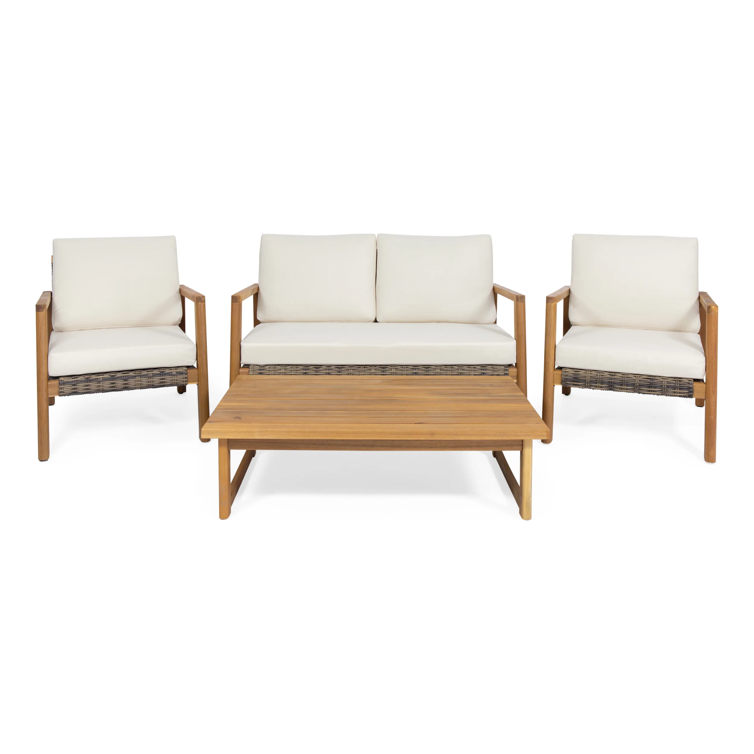 Kedan Outdoor 4 Seater Acacia Wood Chat Set with Wicker Accents - furnishings