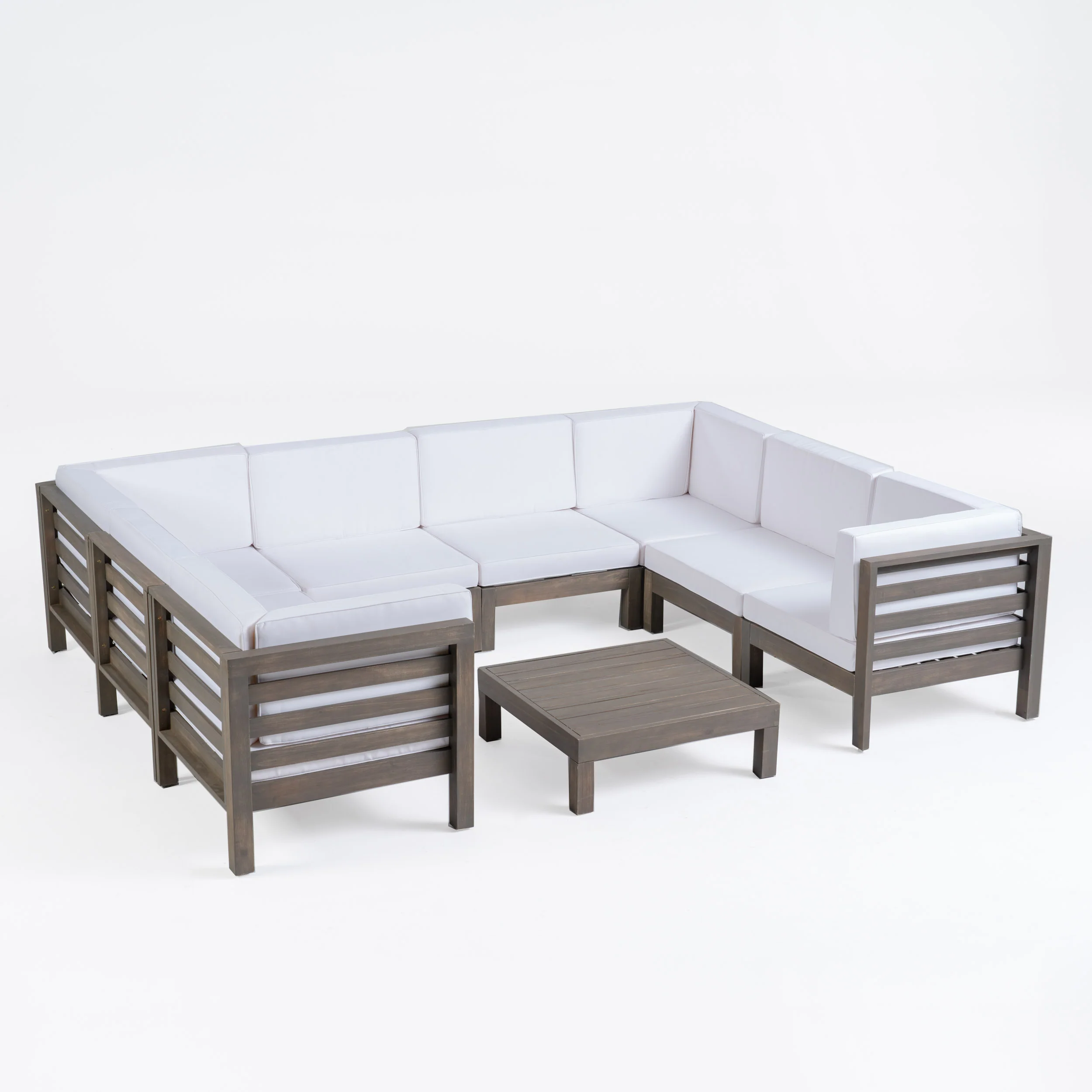 Dawson Outdoor U-Shaped Sectional Sofa Set with Coffee Table - 9-Piece 8-Seater - Acacia Wood - Outdoor Cushions - furnishings