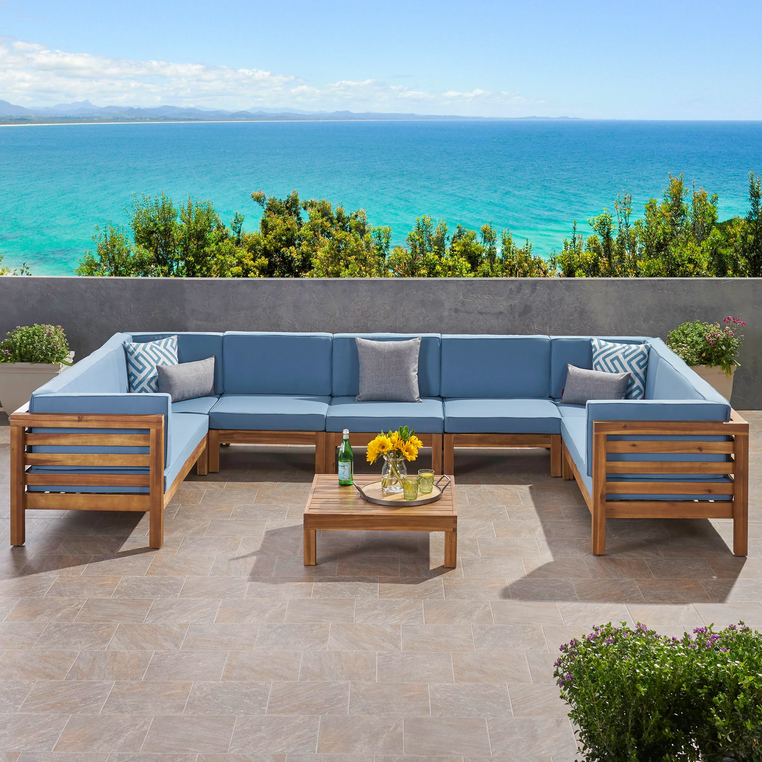 Emma Outdoor 9 Seater Acacia Wood Sectional Sofa Set - furnishings