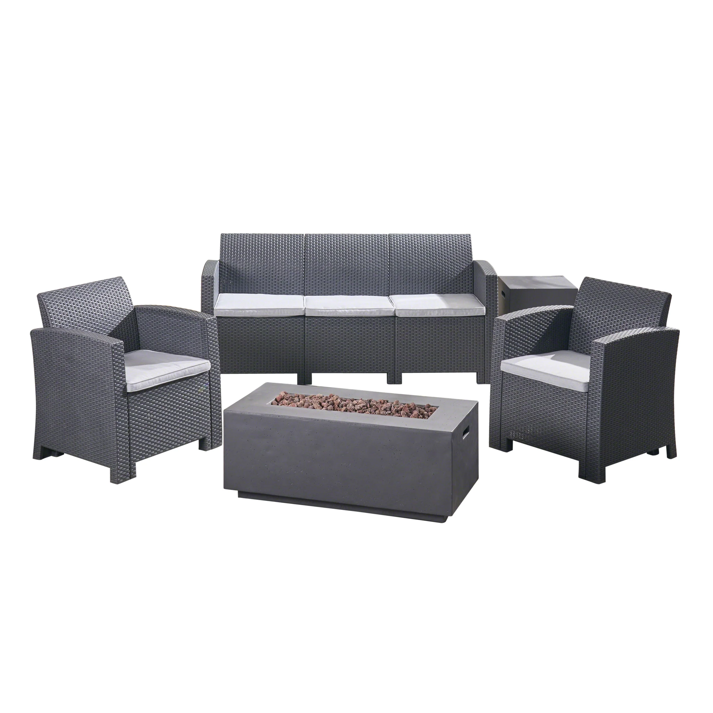 Clay Outdoor 5-Seater Wicker Print Chat Set with Fire Pit and Tank Holder - furnishings
