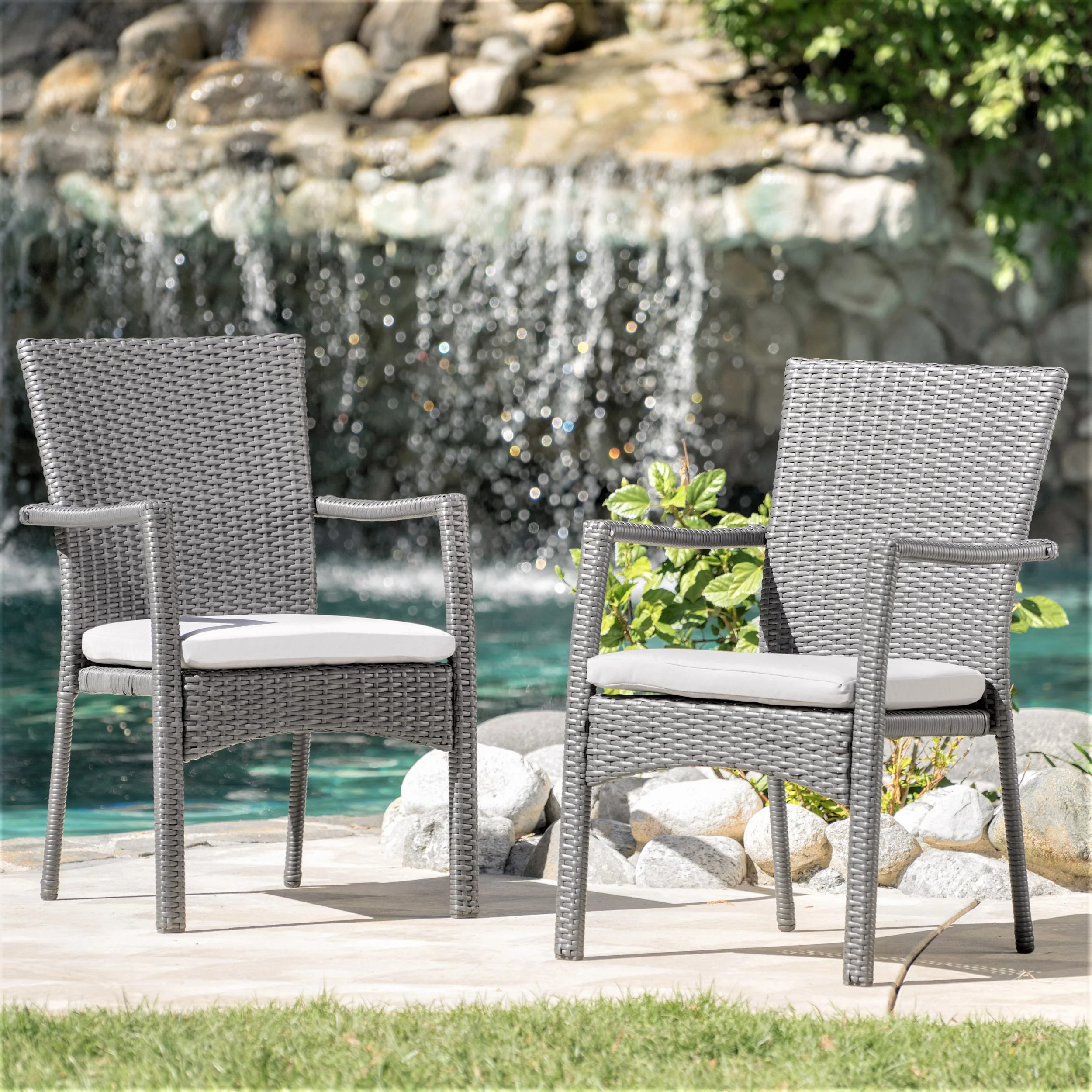 Tigua Outdoor Grey Wicker Dining Chair with Cushions (Set of 2) - furnishings