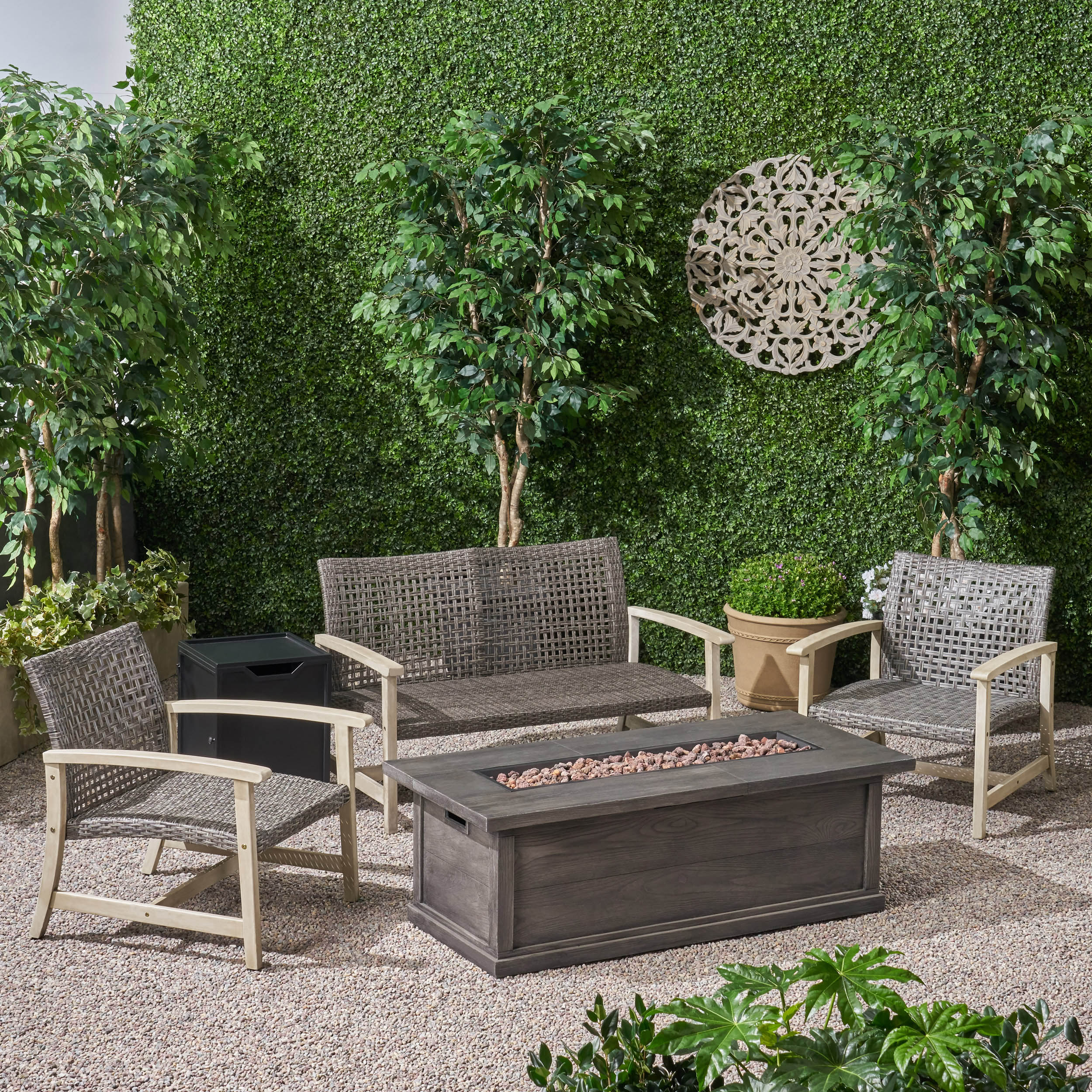 Rachel Outdoor 5 Piece Wood and Wicker Chat Set with Fire Pit - furnishings