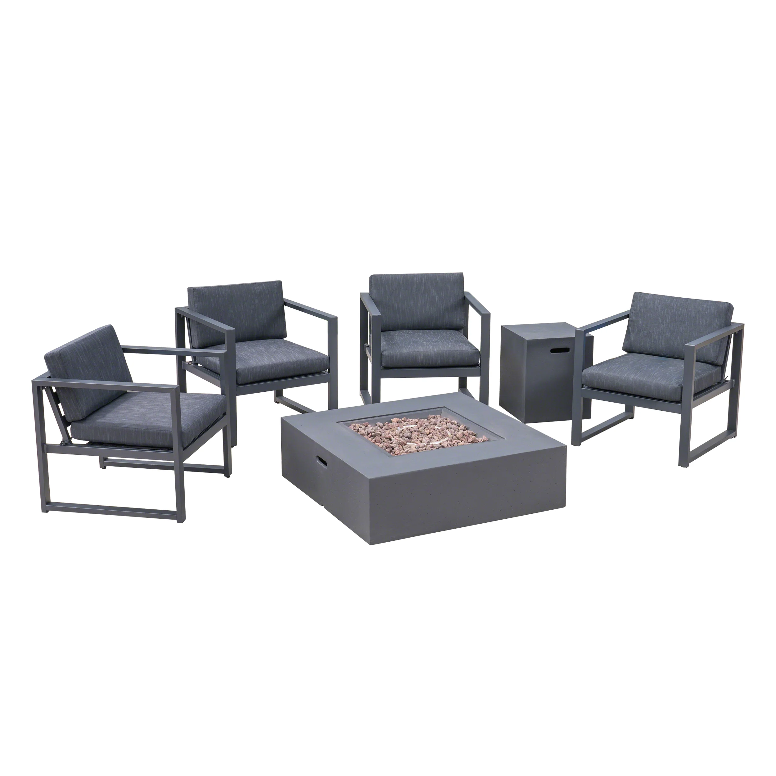 Wos Outdoor 4-Seater Aluminum Chat Set with Fire Pit, Black and Dark Gray - furnishings
