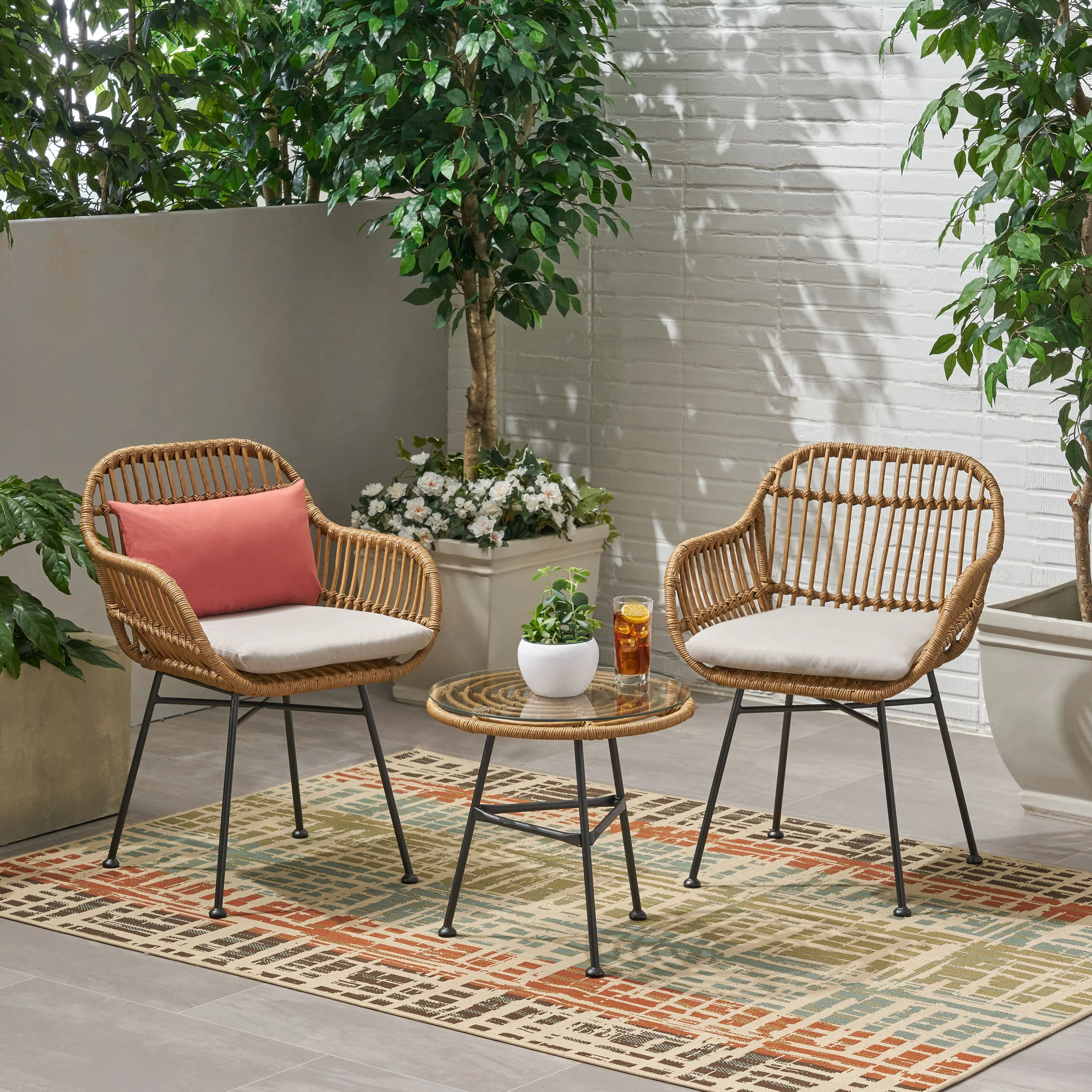 Lesley Outdoor Faux Wicker 2 Seater Chat Set with Tempered Glass Table - furnishings