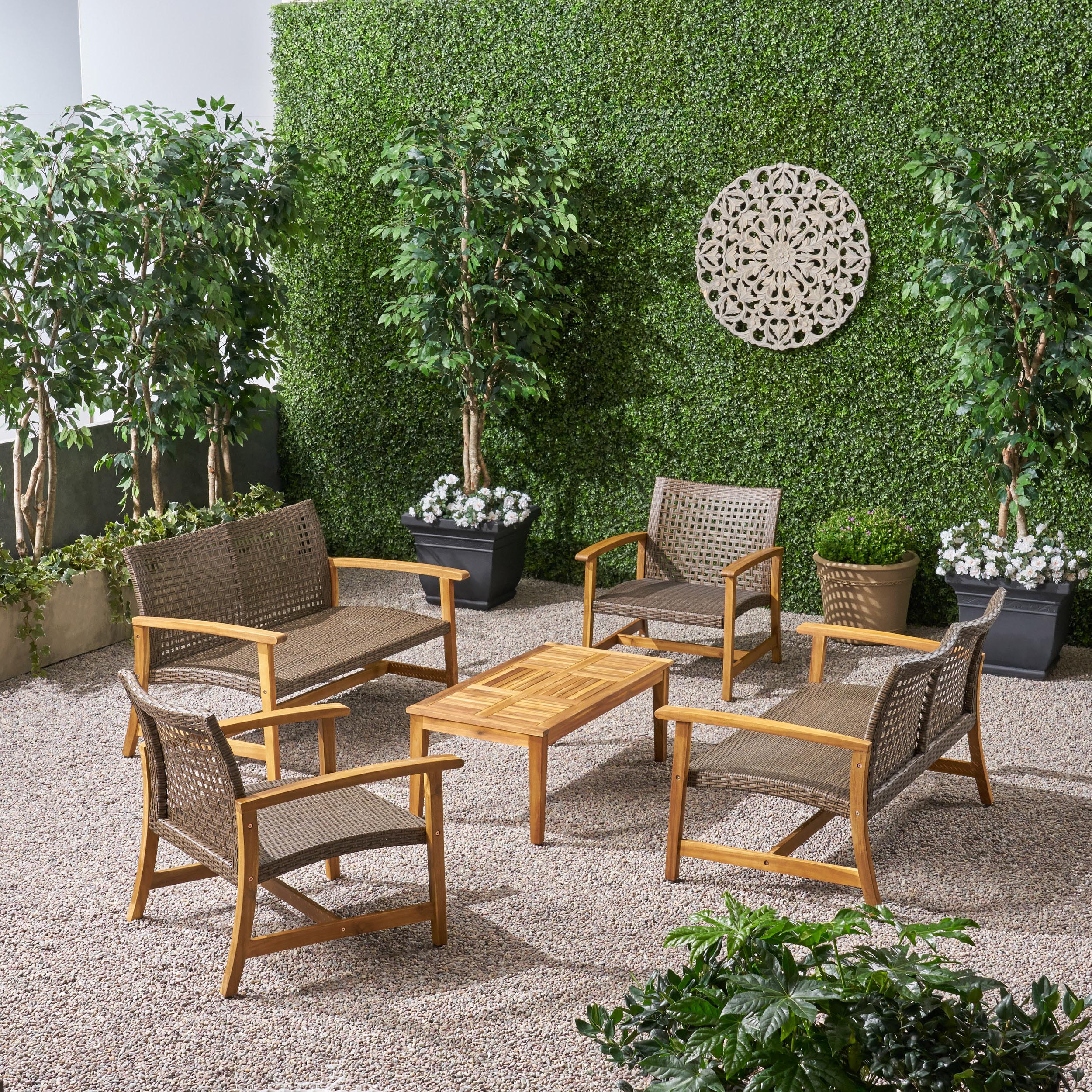 Alyssa Outdoor 5 Piece Wood and Wicker Loveseat Chat Set - furnishings