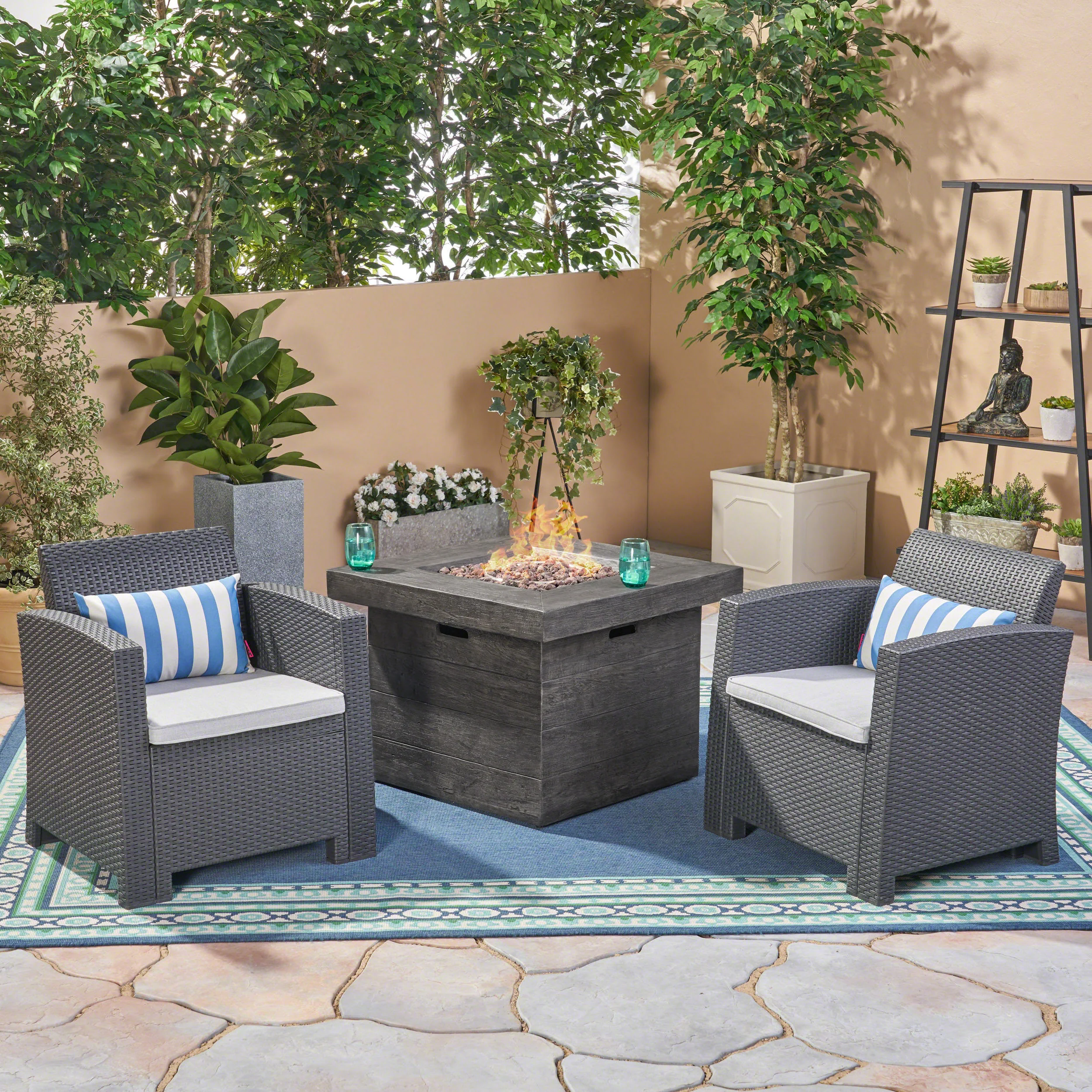 Ollie Outdoor 2-Seater Wicker Print Club Chair Chat Set with Fire Pit - furnishings