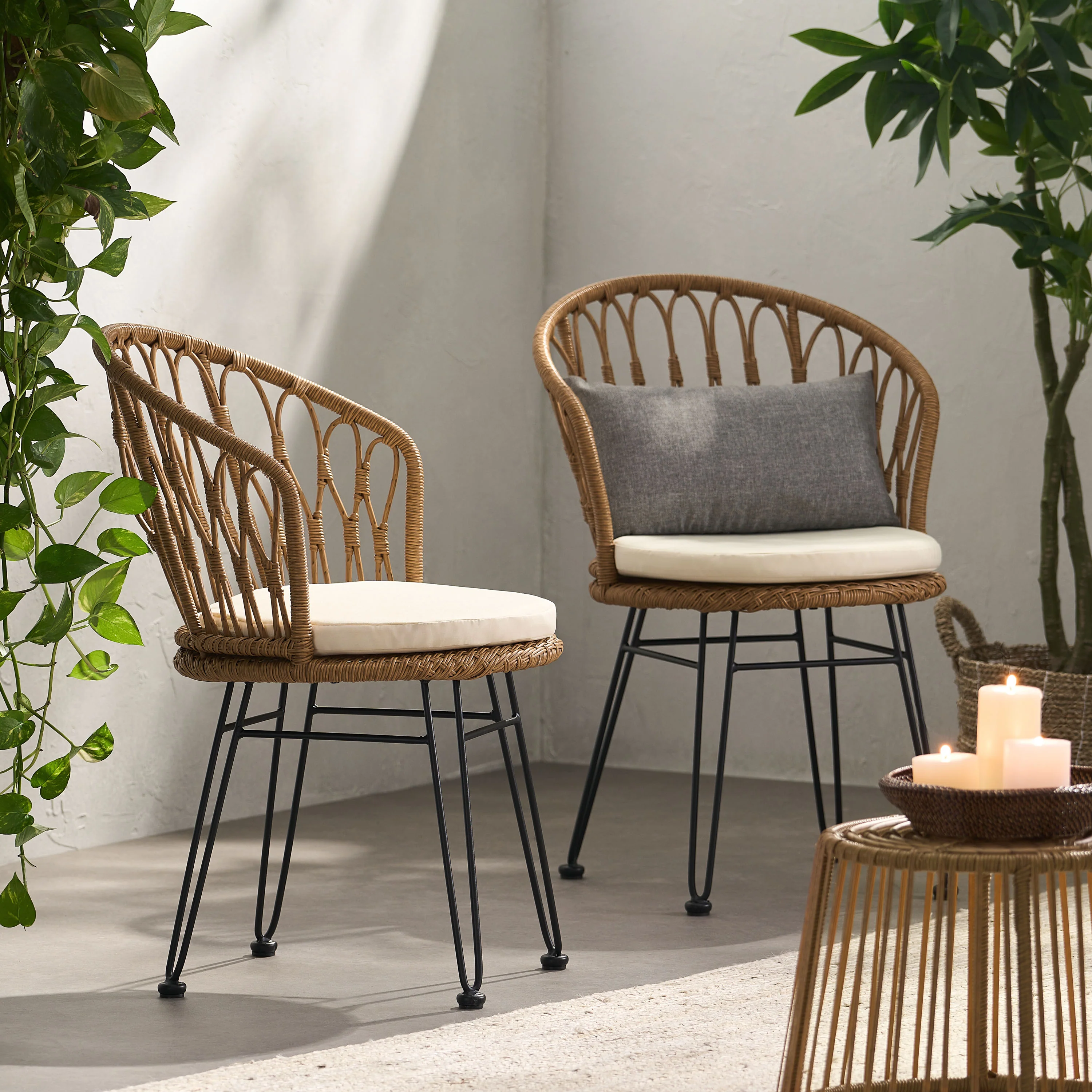 Cowen Outdoor Wicker Dining Chairs with Cushion, Set of 2, Light Brown, Black, and Beige - furnishings