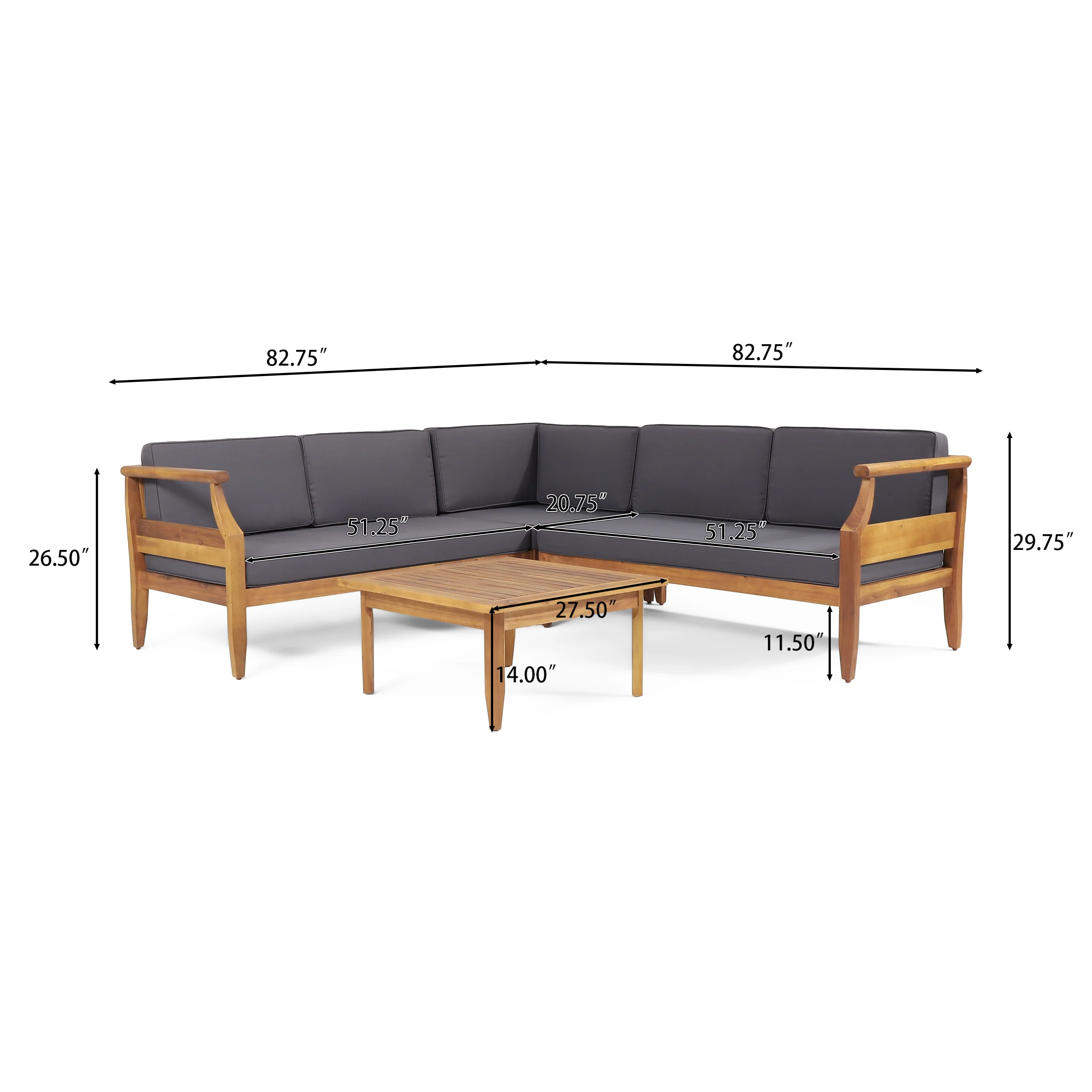 Bianca Outdoor Mid-Century Modern Acacia Wood 5 Seater Sectional Chat Set with Cushions, Teak and Dark Gray - furnishings