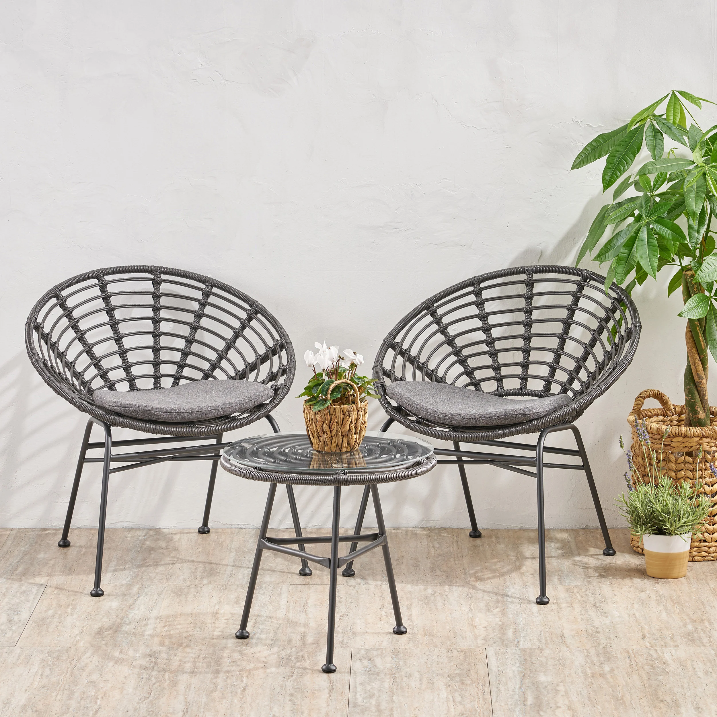 Seaton Outdoor Modern Boho 2 Seater Wicker Chat Set with Side Table - furnishings