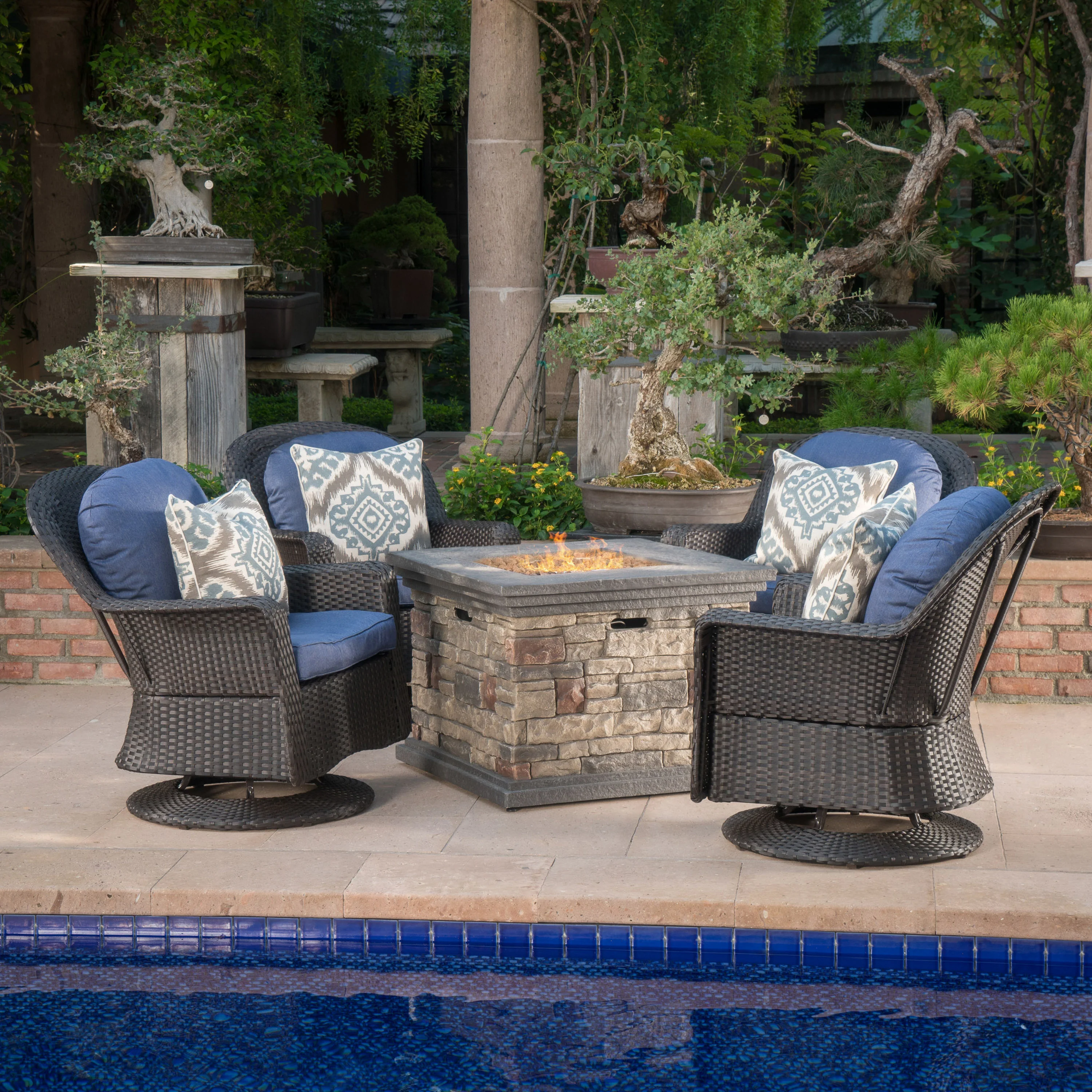 Dunlevy Outdoor 5 Piece Fire Pit Wicker Chat Set - furnishings