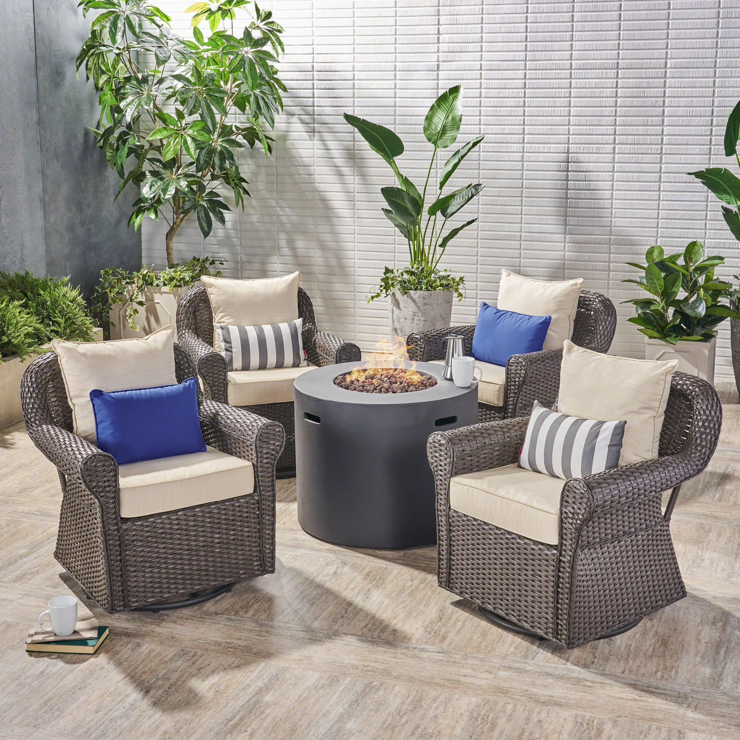 Harding Outdoor 4 Piece Swivel Club Chair Set with Round Fire Pit - furnishings