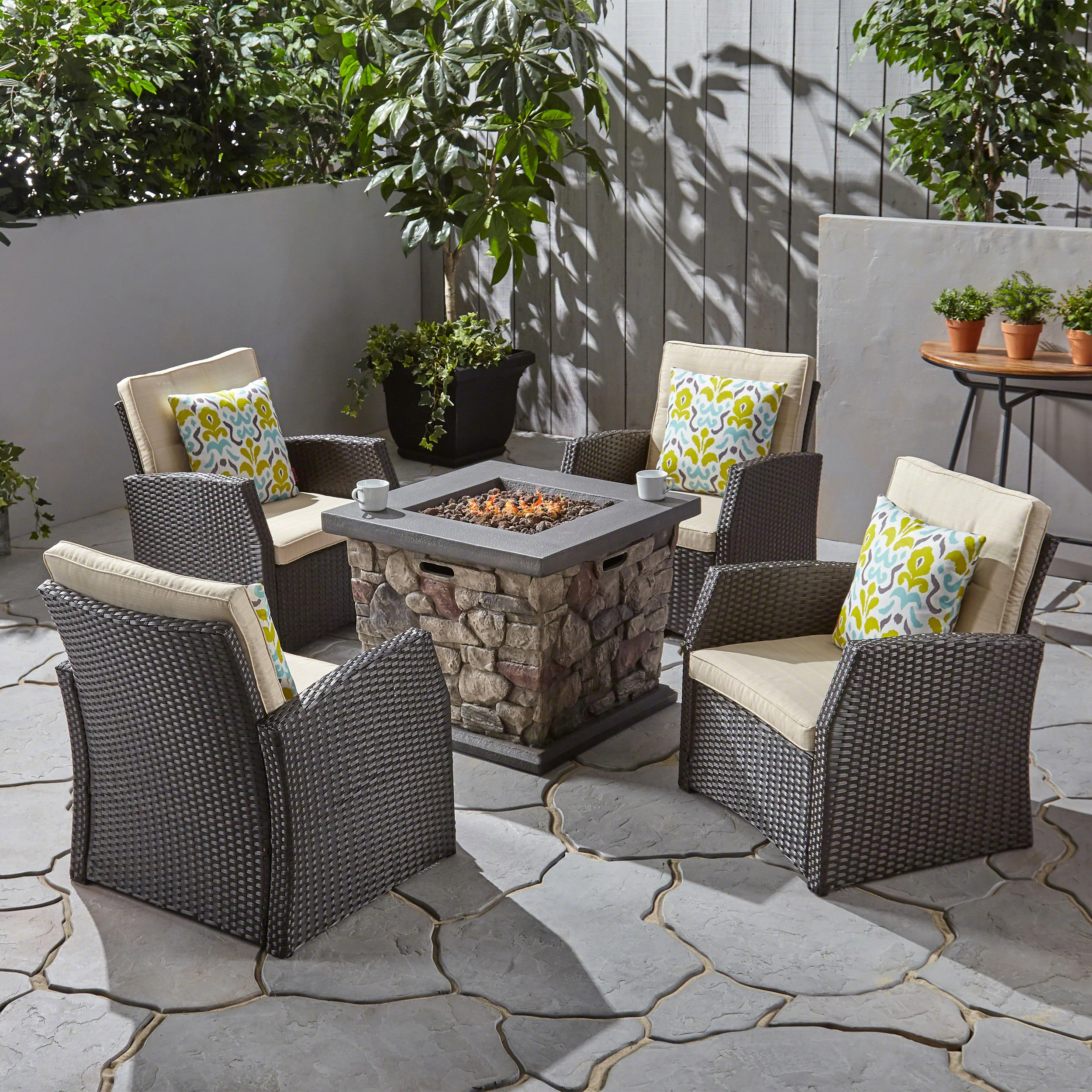 Audrielle Outdoor 4 Seater Wicker Chat Set with Fire Pit - furnishings