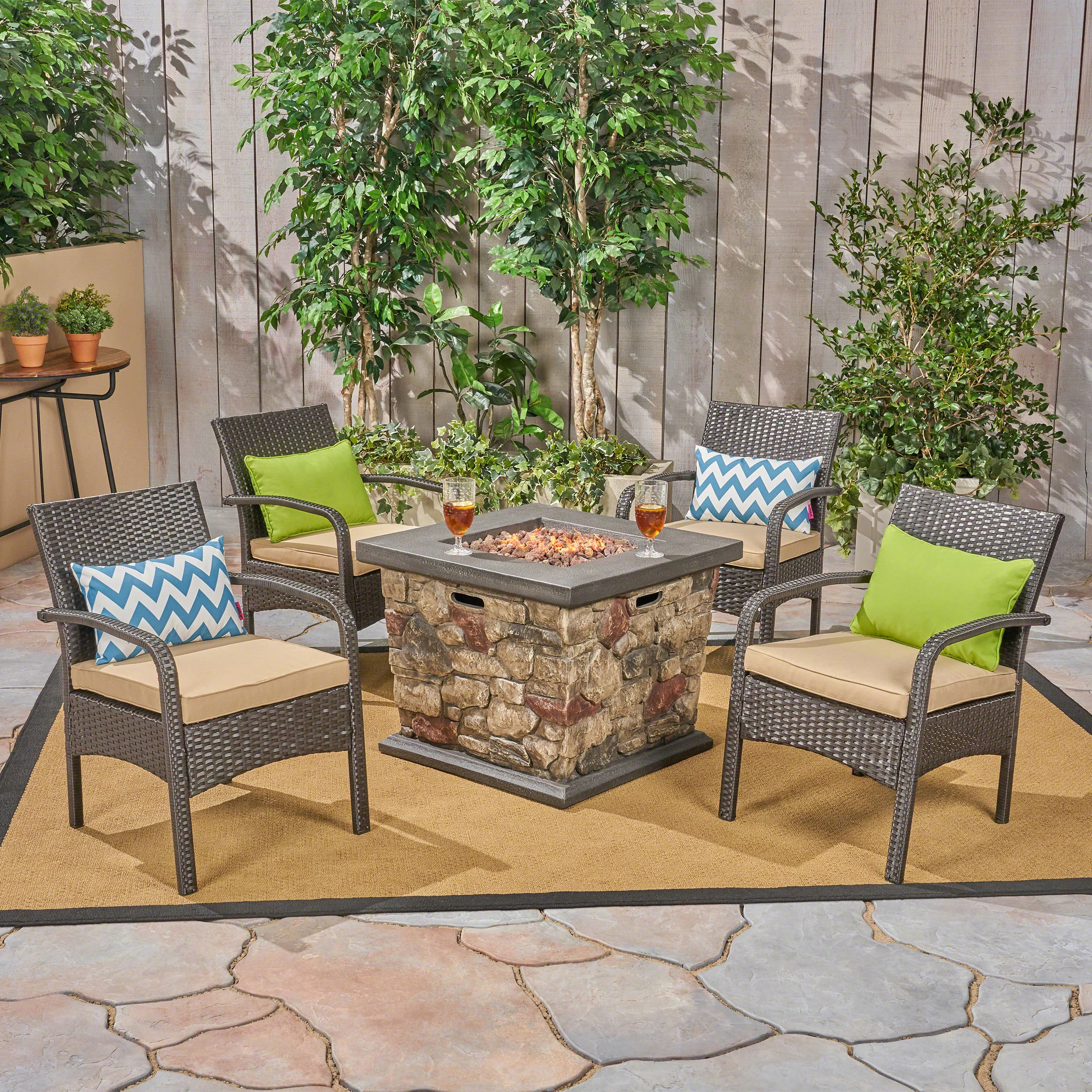 Mavis Patio Fire Pit Set, 4-Seater with Club Chairs, Wicker with Outdoor Cushions - furnishings