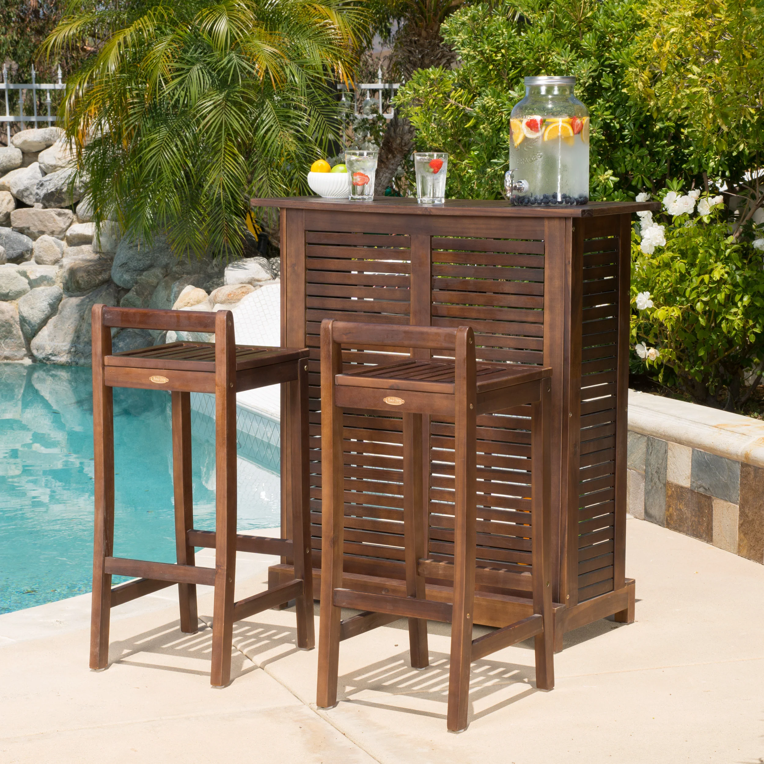 Catarina 30-Inch 3pc Mahogany Stained Wood Bar Stool Bar Set - furnishings