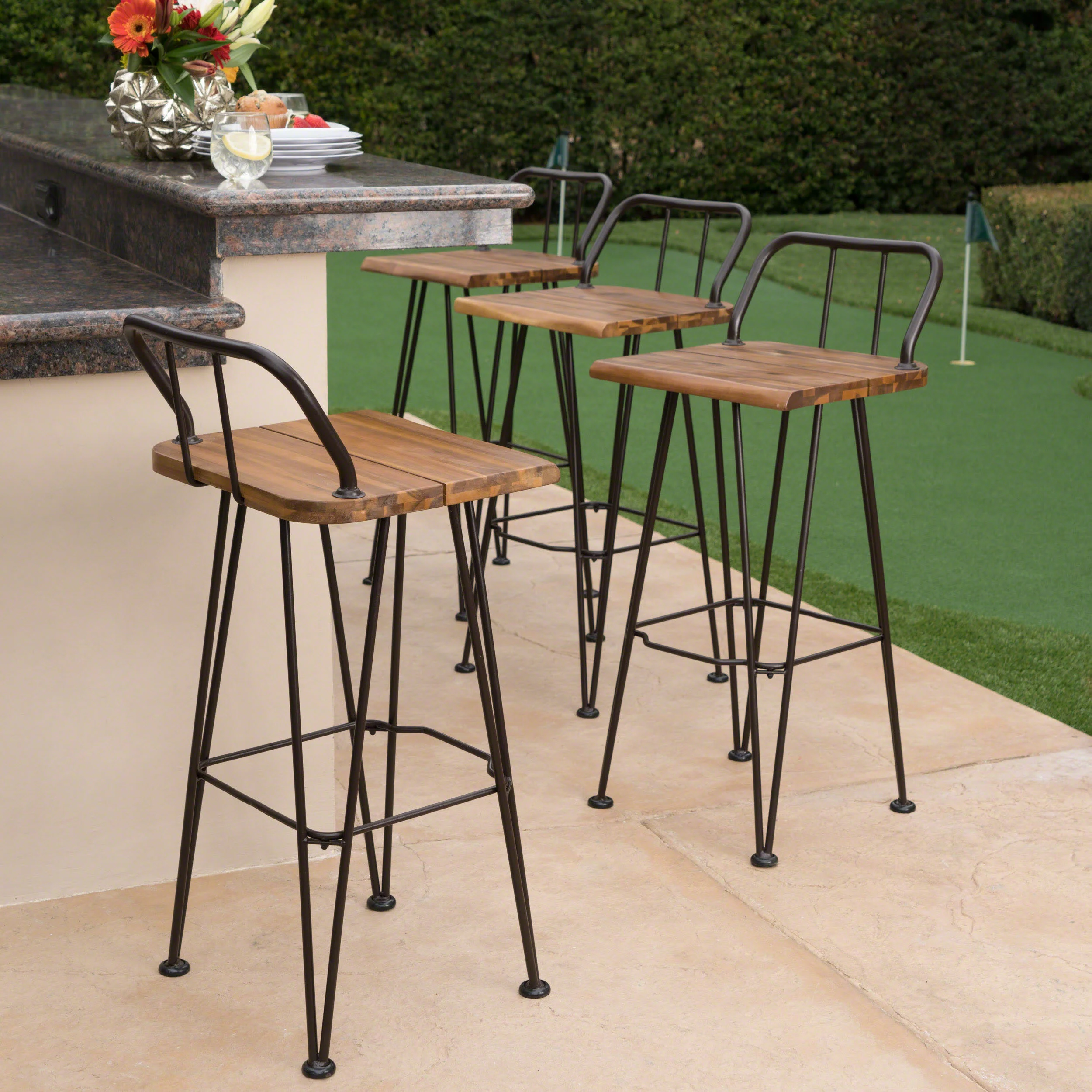 Leonardo Outdoor Industrial Teak Finished Acacia Wood Barstools with Iron Frame - furnishings