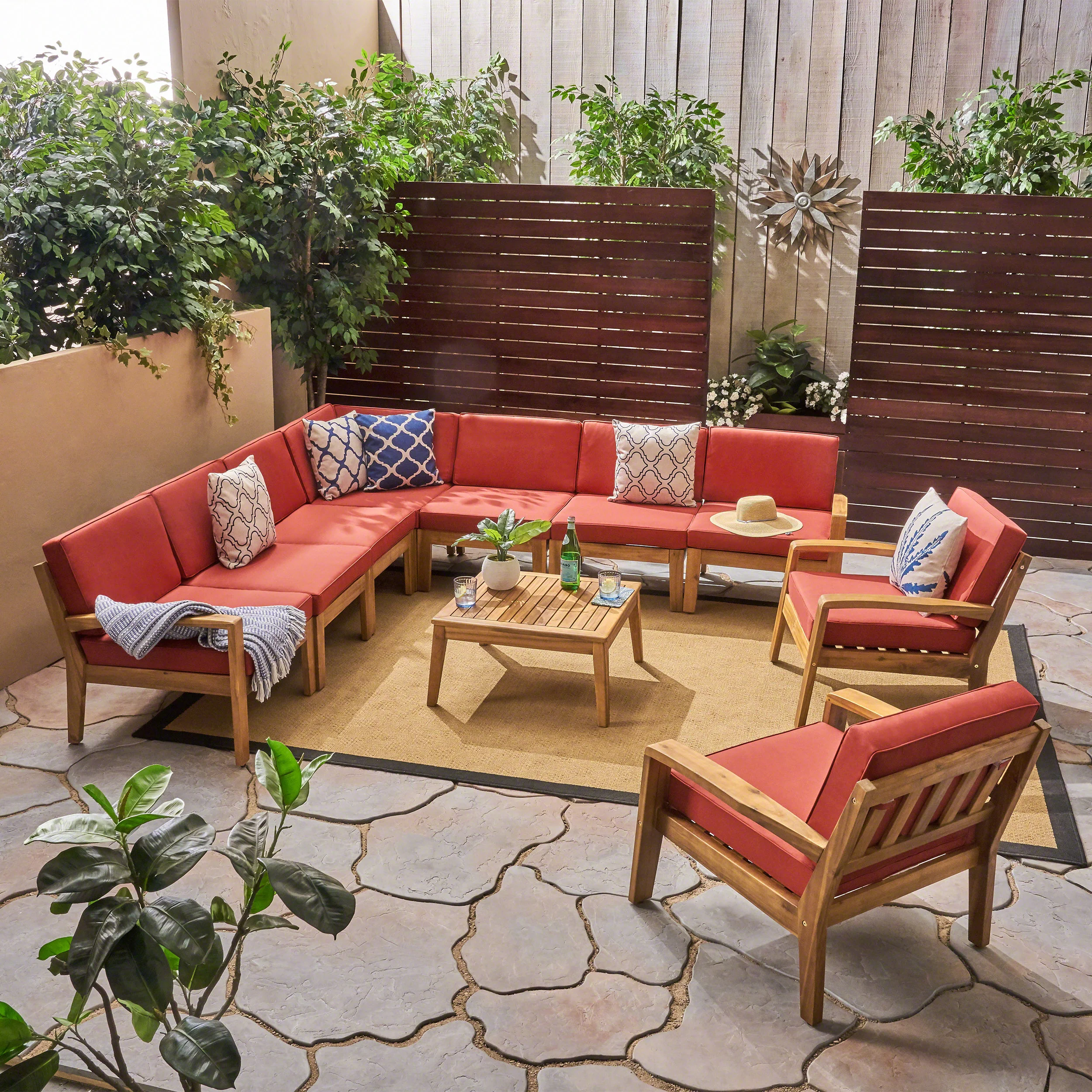Madeline Outdoor Acacia Wood 9 Seater Sectional Sofa and Club Chair Set with Coffee Table - furnishings