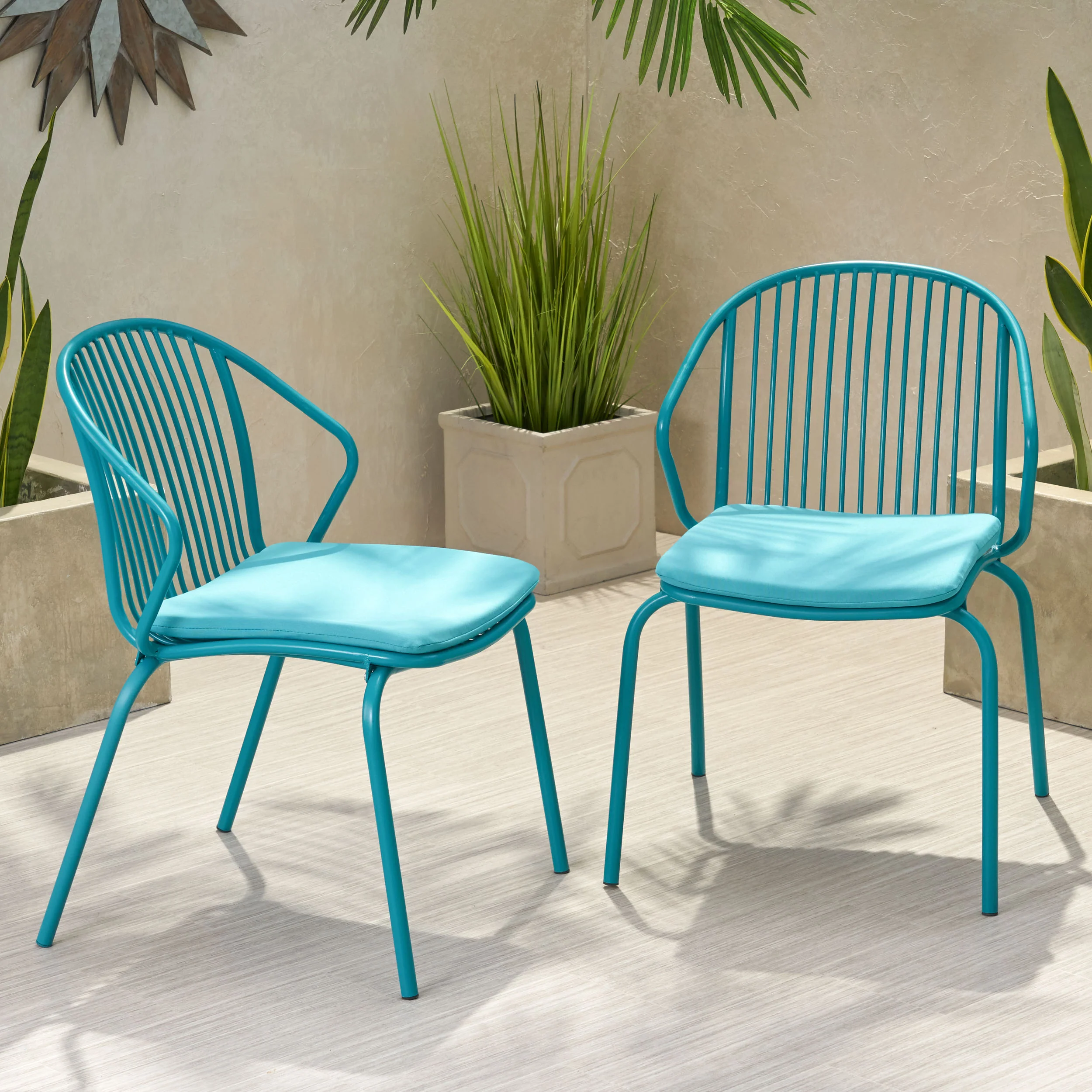 Emily Outdoor Modern Iron Club Chair with Cushion (Set of 2) - furnishings