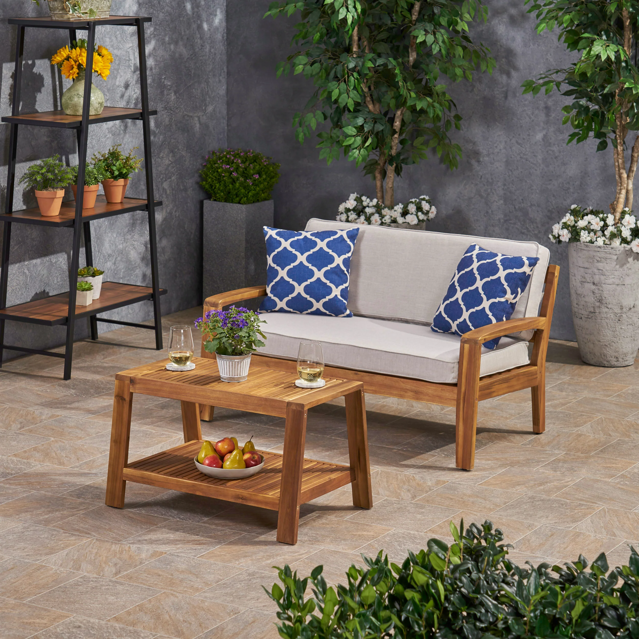Parma Outdoor Acacia Wood Loveseat and Coffee Table Set with Sunbrella Cushions - furnishings