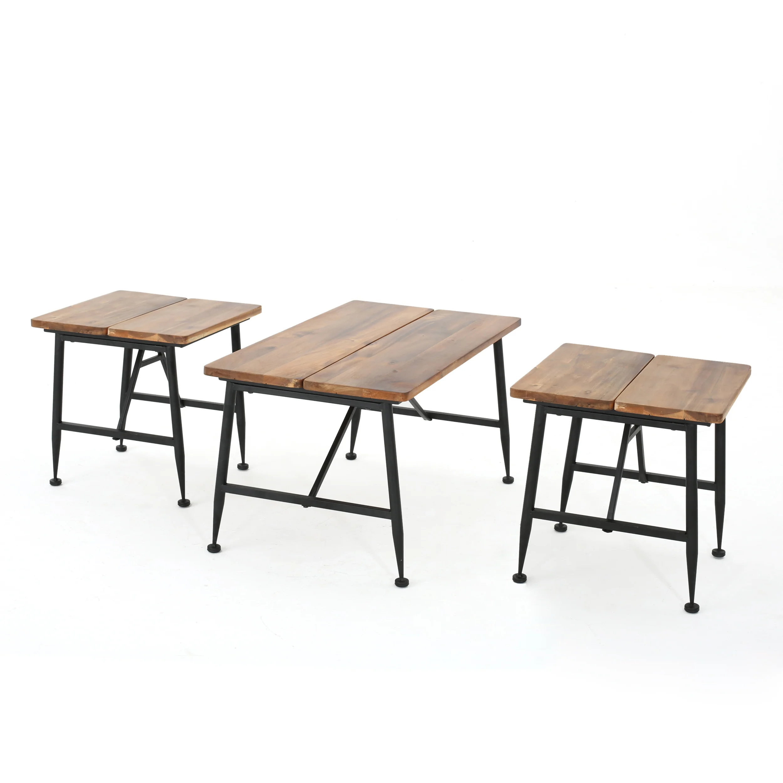 Ellaria Outdoor Rustic Industrial Acacia Wood Coffee Table and Accent Table Set with Metal Frame, Teak and Black - furnishings