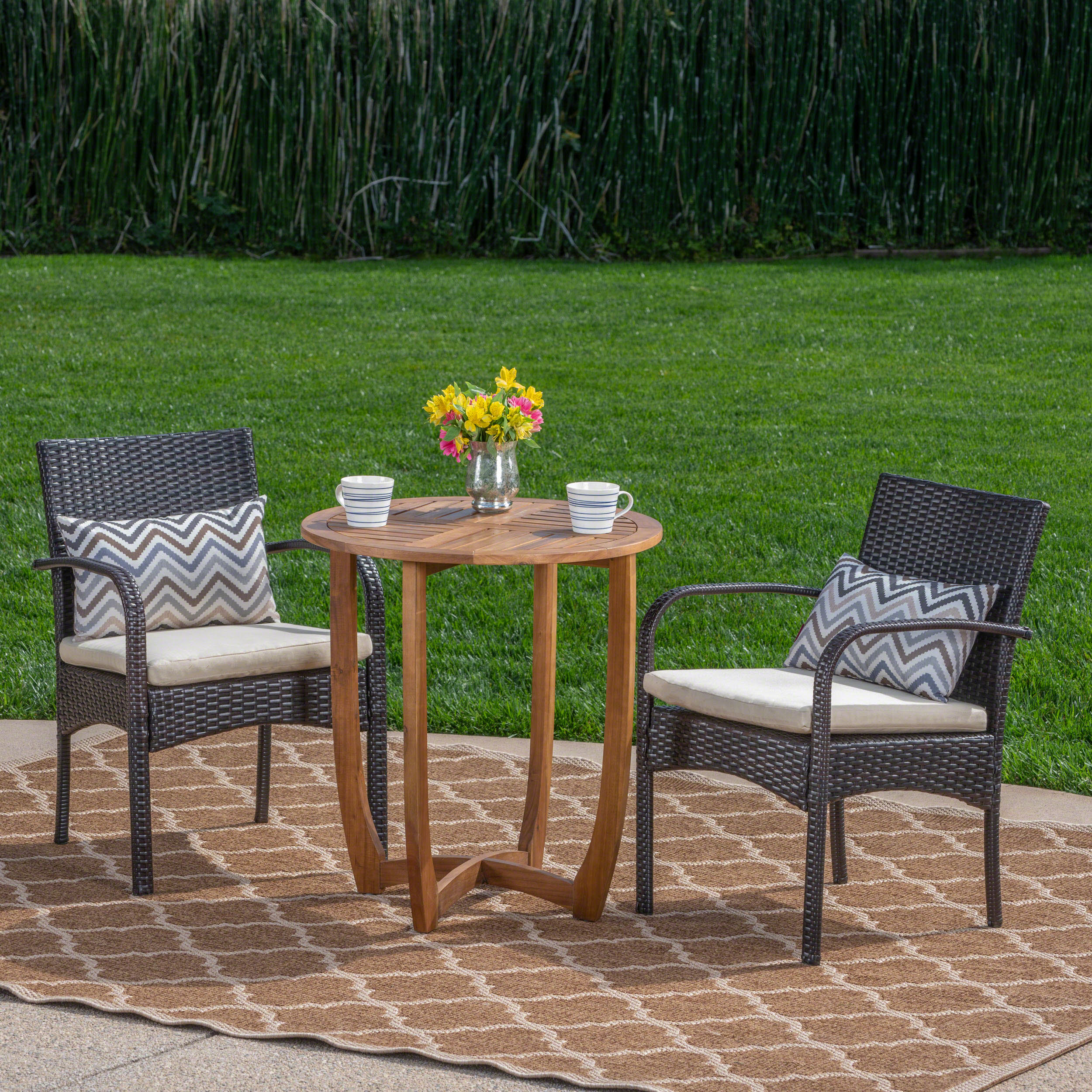 Jerica Outdoor 3 Piece Acacia Wood/ Wicker Bistro Set with Cushions, Teak Finish and Multibrown with Cr¡§¡§me - furnishings