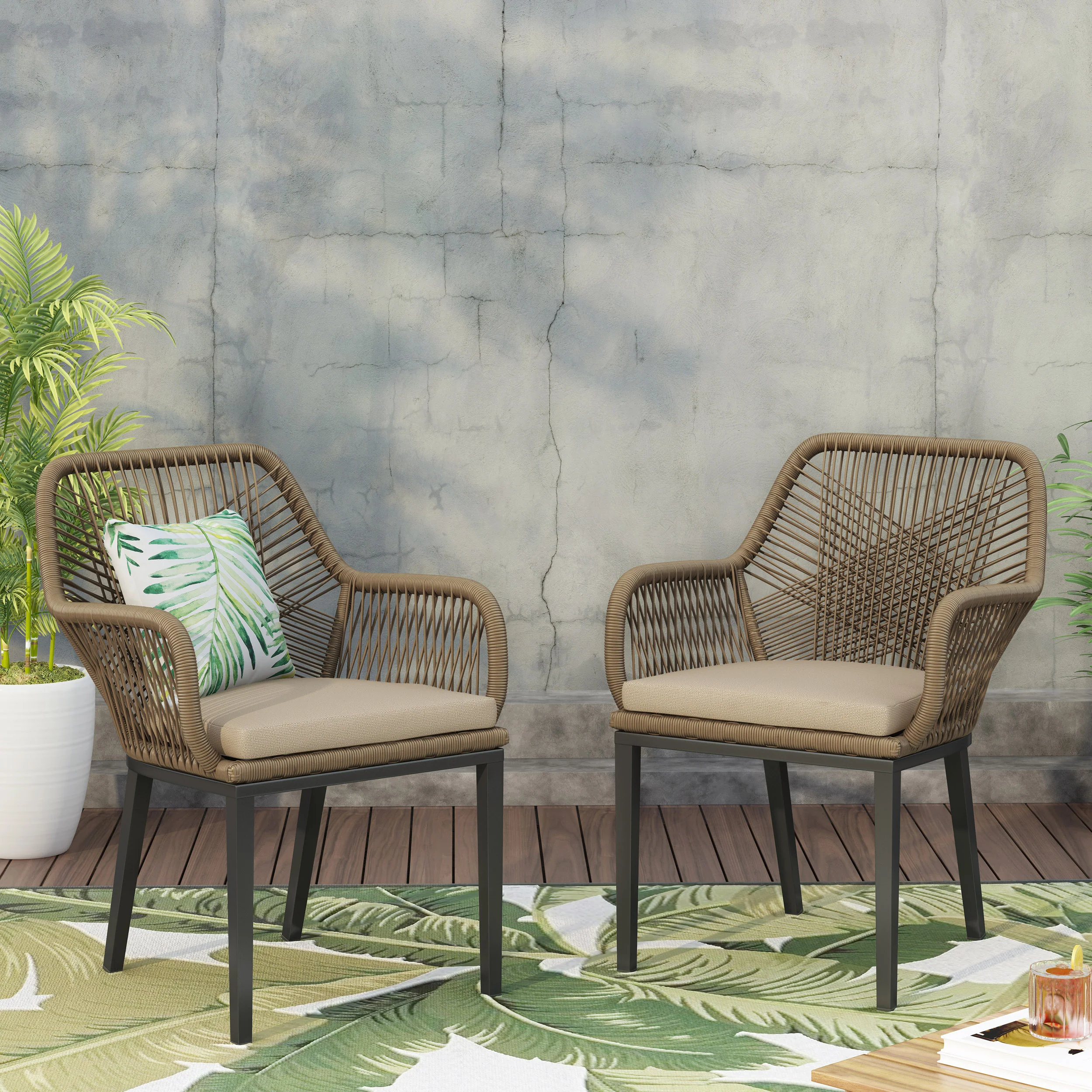 Fromberg Outdoor Wicker Dining Chair with Cushion, Set of 2, Light Brown and Beige - furnishings