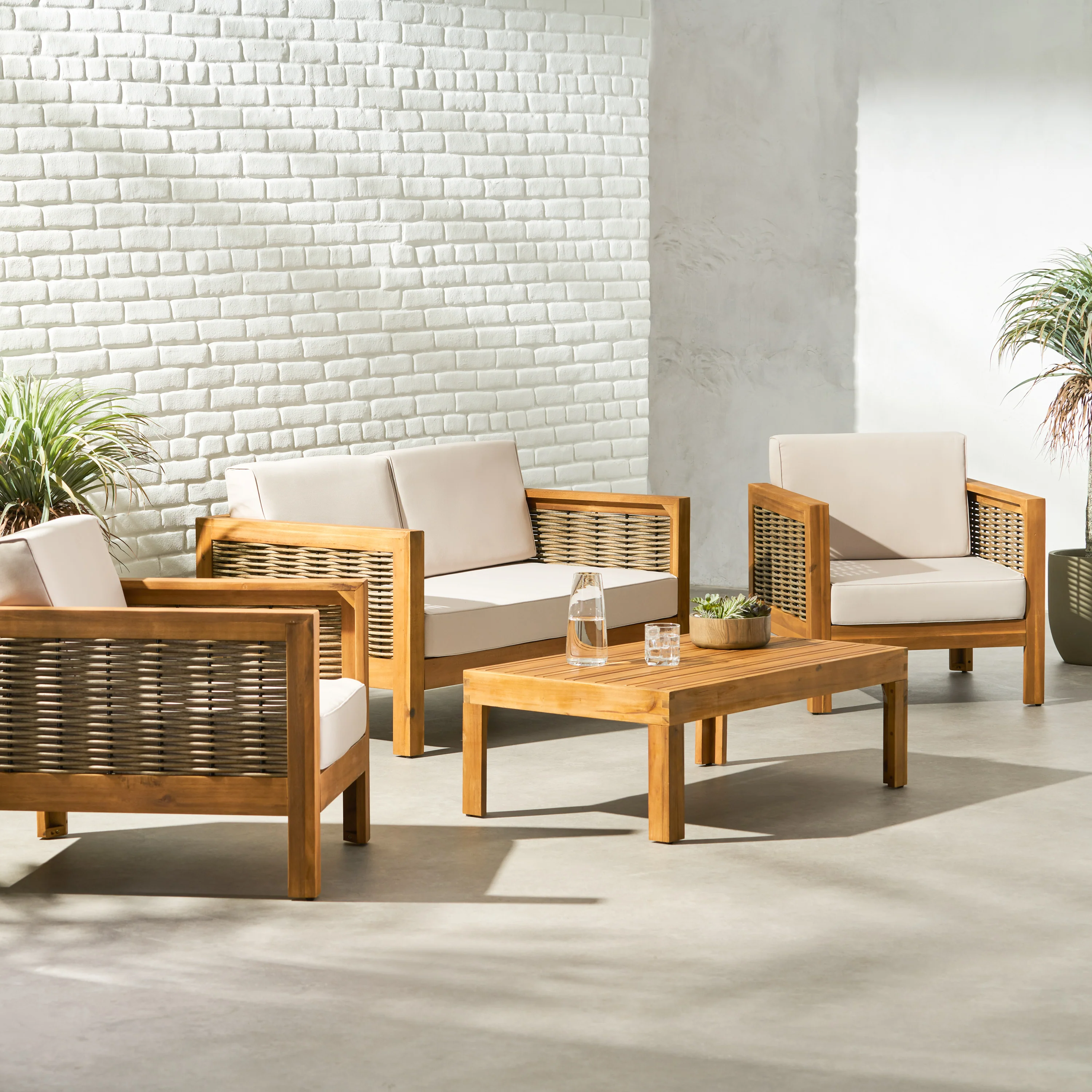 Mayes Outdoor 4 Seater Acacia Wood Chat Set with Wicker Accents - furnishings