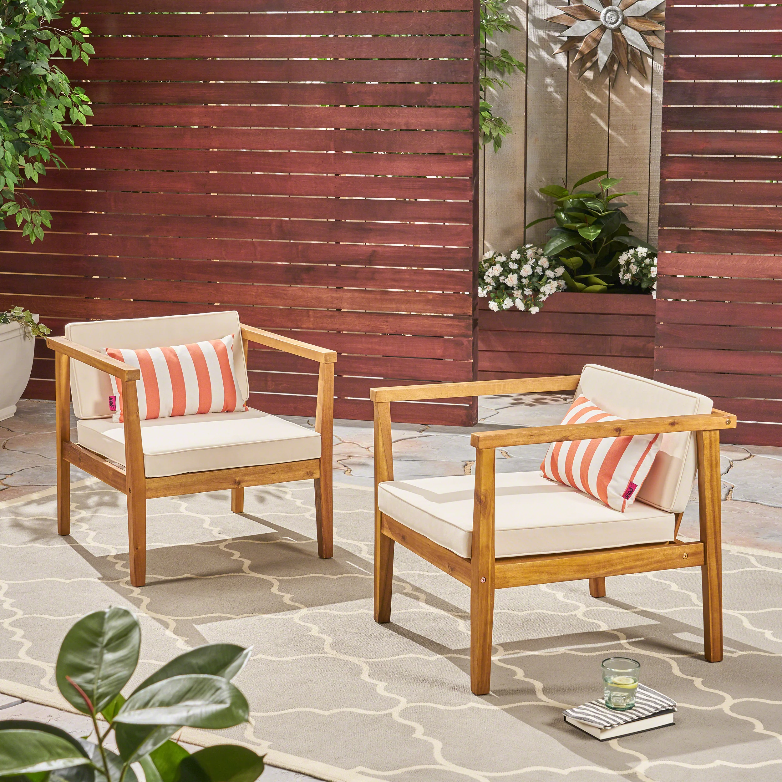Thomson Outdoor Acacia Wood Club Chairs with Water-Resistant Cushions (Set of 2) - furnishings