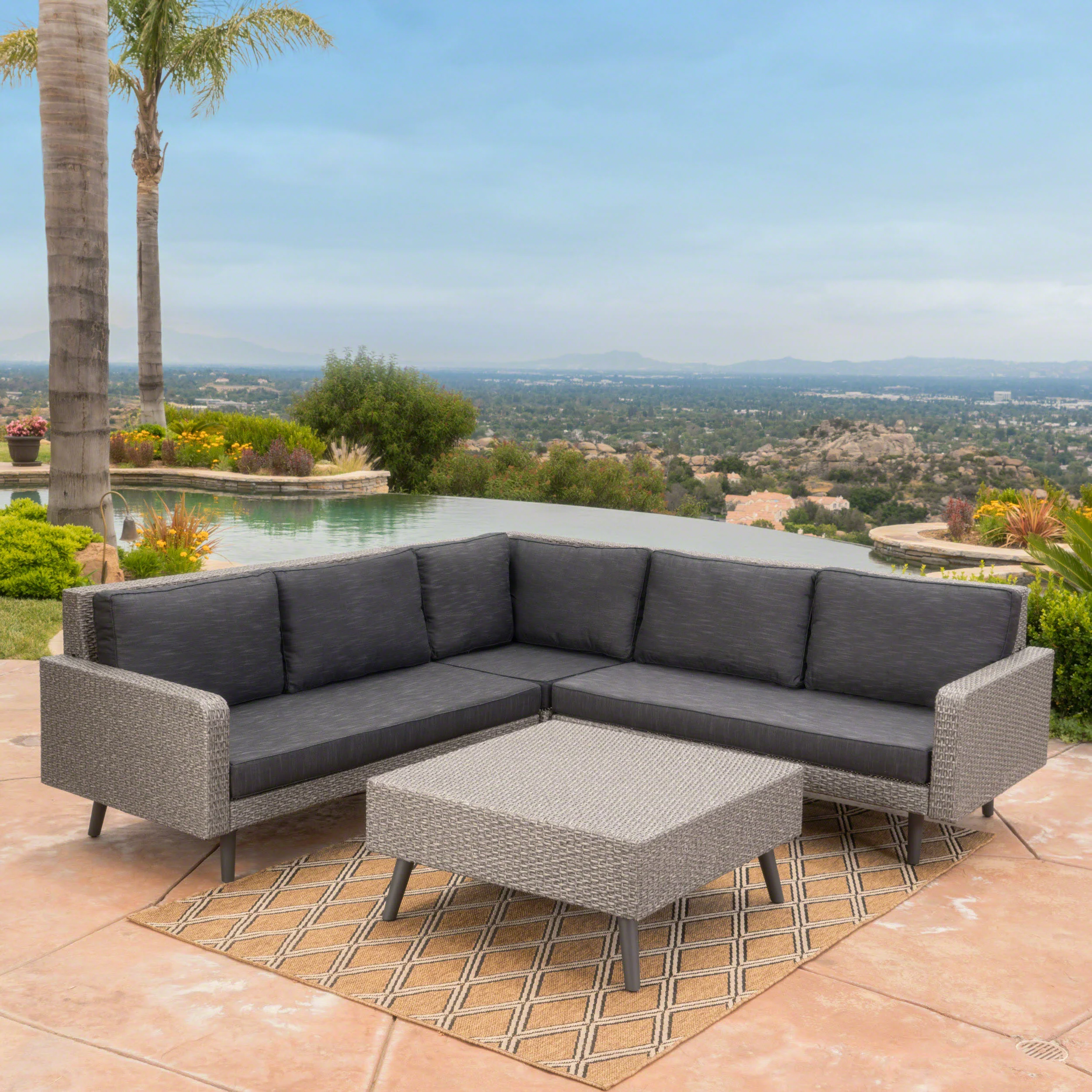 Hensley Outdoor Wicker 5 Seater Sectional Sofa Chat Set with Cushions, Mixed Black and Dark Gray - furnishings