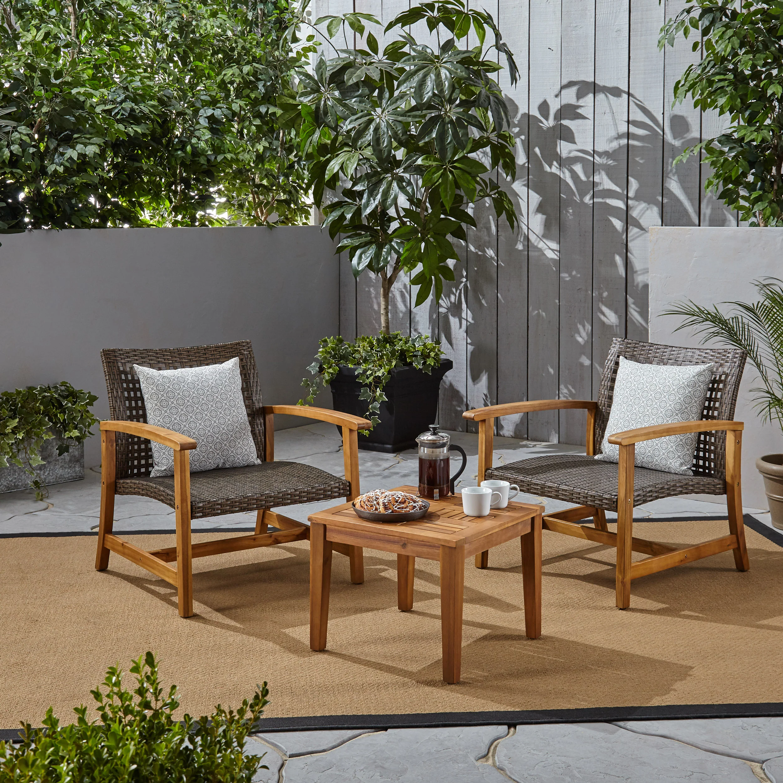 Alyssa Outdoor 3 Piece Wood and Wicker Club Chairs and Side Table Set - furnishings