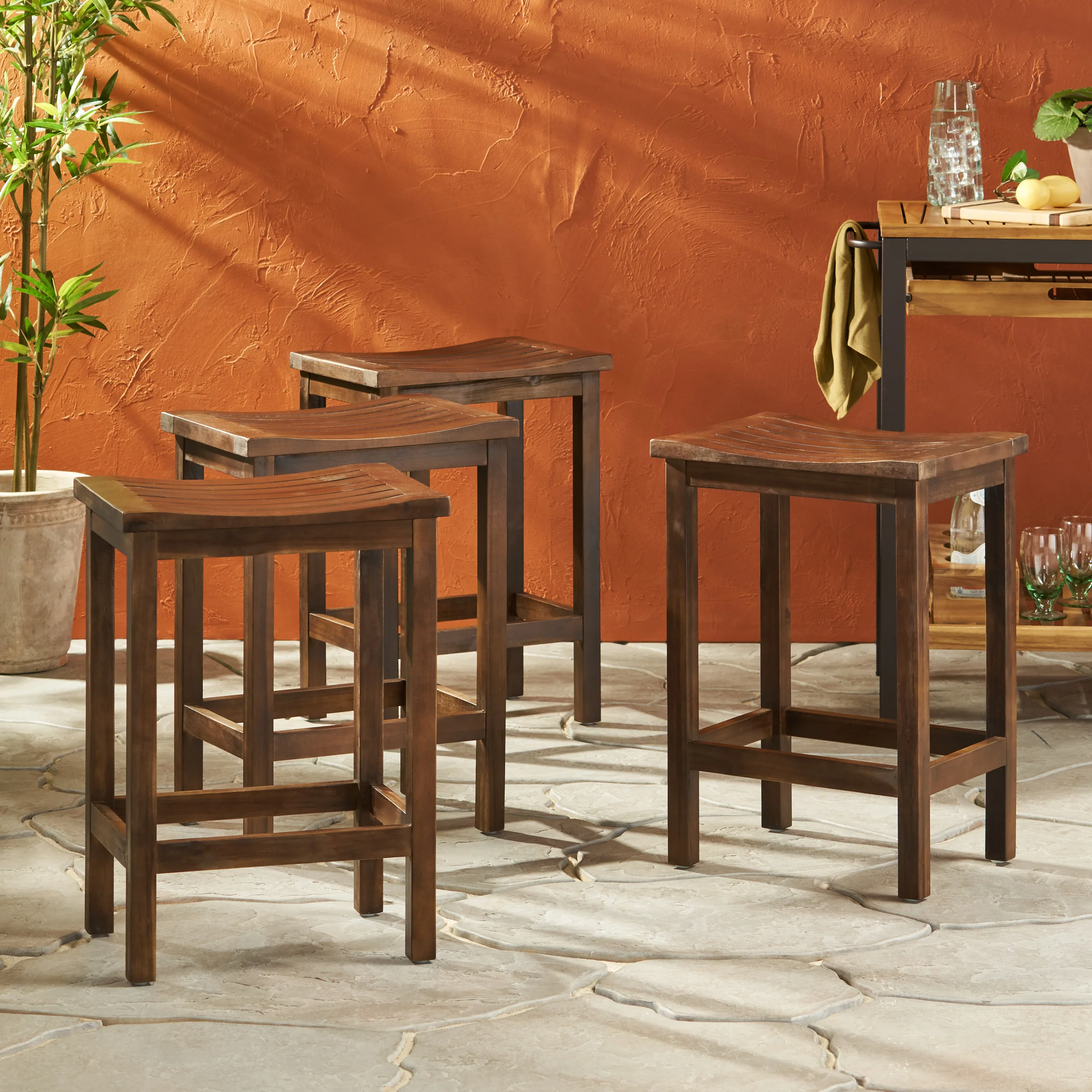 Doric Outdoor Mahogany Brown Finish Acacia Wood Counter Stools - furnishings