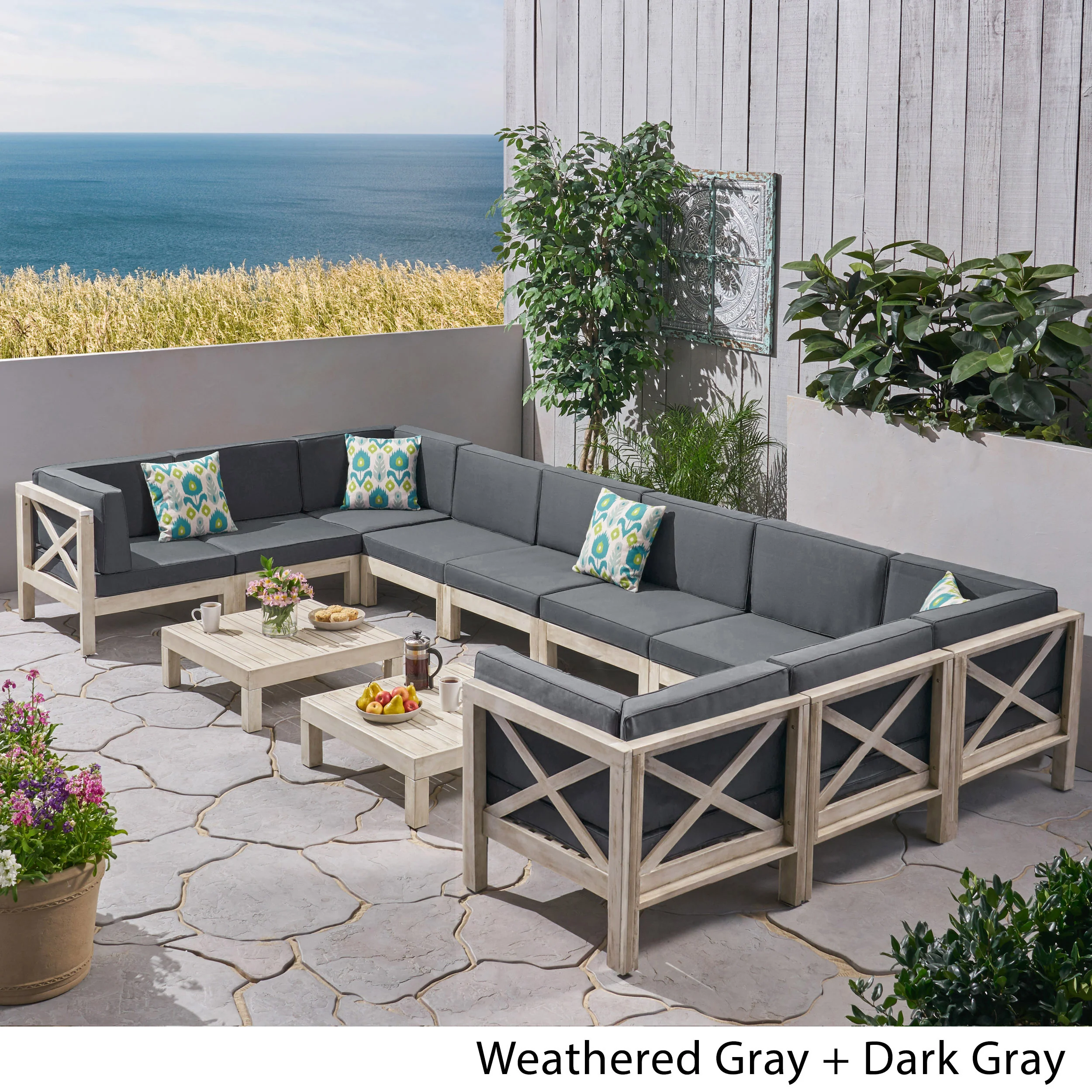 Cynthia Outdoor Acacia Wood 10 Seater U-Shaped Sectional Sofa Set with Two Coffee Tables - furnishings